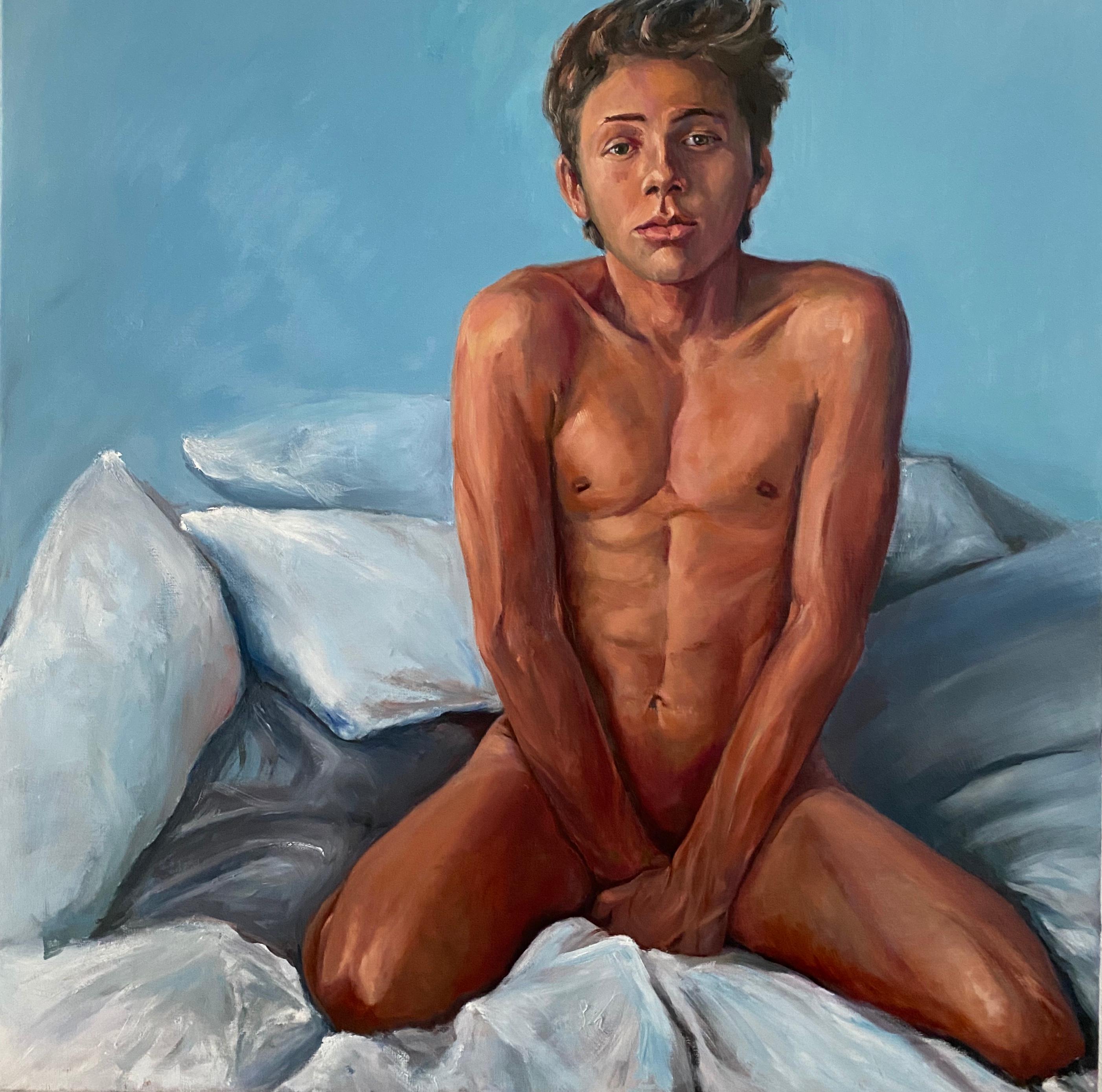 David van der Linden Nude Painting - Bedroom-21st Century Figurative painting of a nude boy 