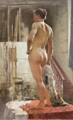 Male model in Studio- 21st Century Contemporary Academic Nude Painting of a male