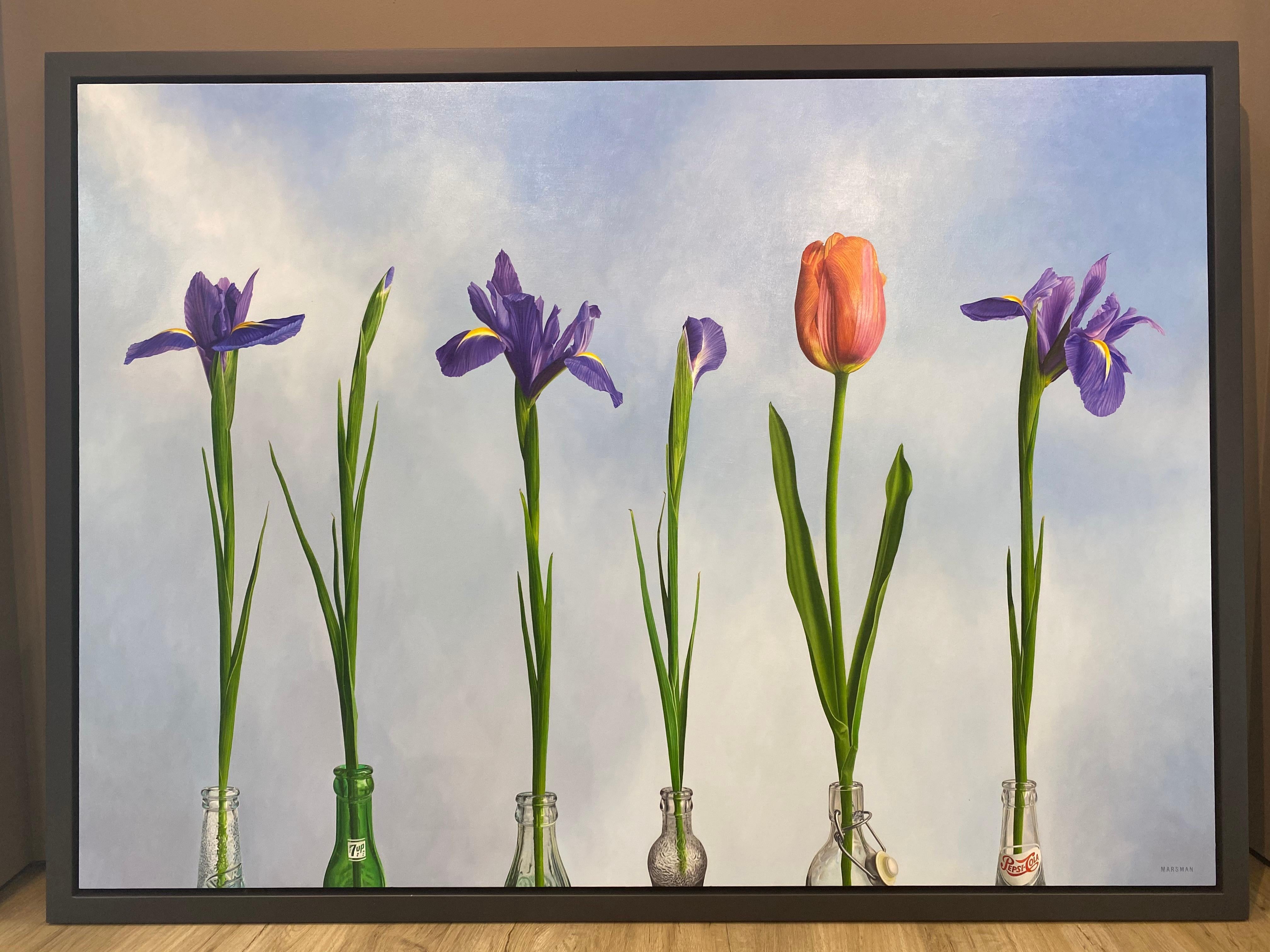 5 Irises and 1 Tulip- 21st Century Oilpainting of flowers in bright colors - Painting by JP Marsman