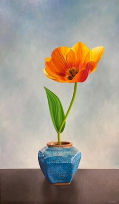 Tulip in Ginger Jar- 21st Century Dutch Oilpainting of a flower in bright colors
