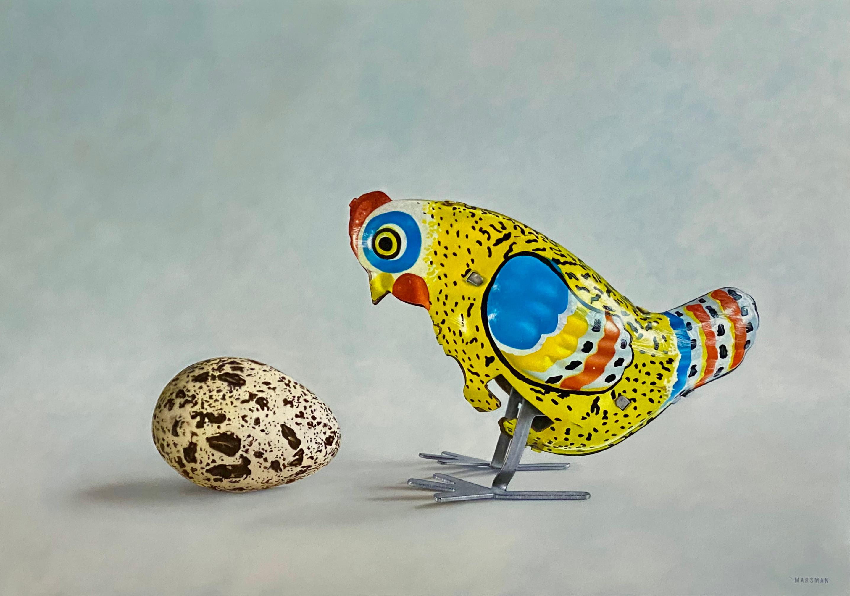 JP Marsman Still-Life Painting - Huh? - 21st Century Dutch  Still-life painting of a Tin Toy Chicken and an egg