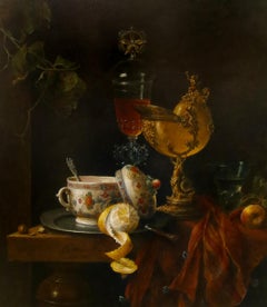 Nature morte avec tasse en coquillage et verre vénitien - Peinture à l'huile contemporaine du 21e siècle