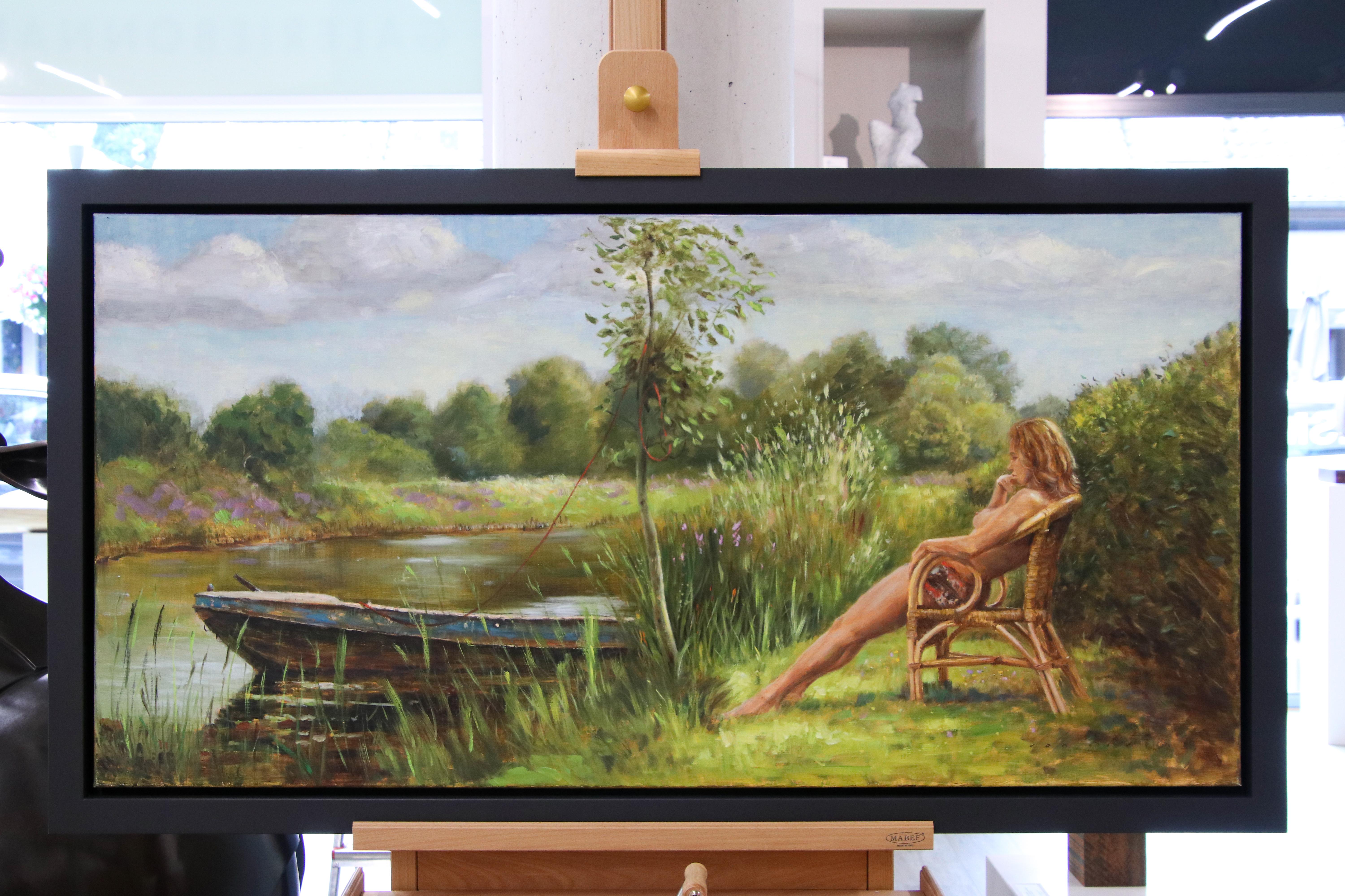 Summerdream - Zeitgenössisches Ölgemälde einer nackten Frau, die im Hinterkopf sitzt – Painting von Erik van Elven
