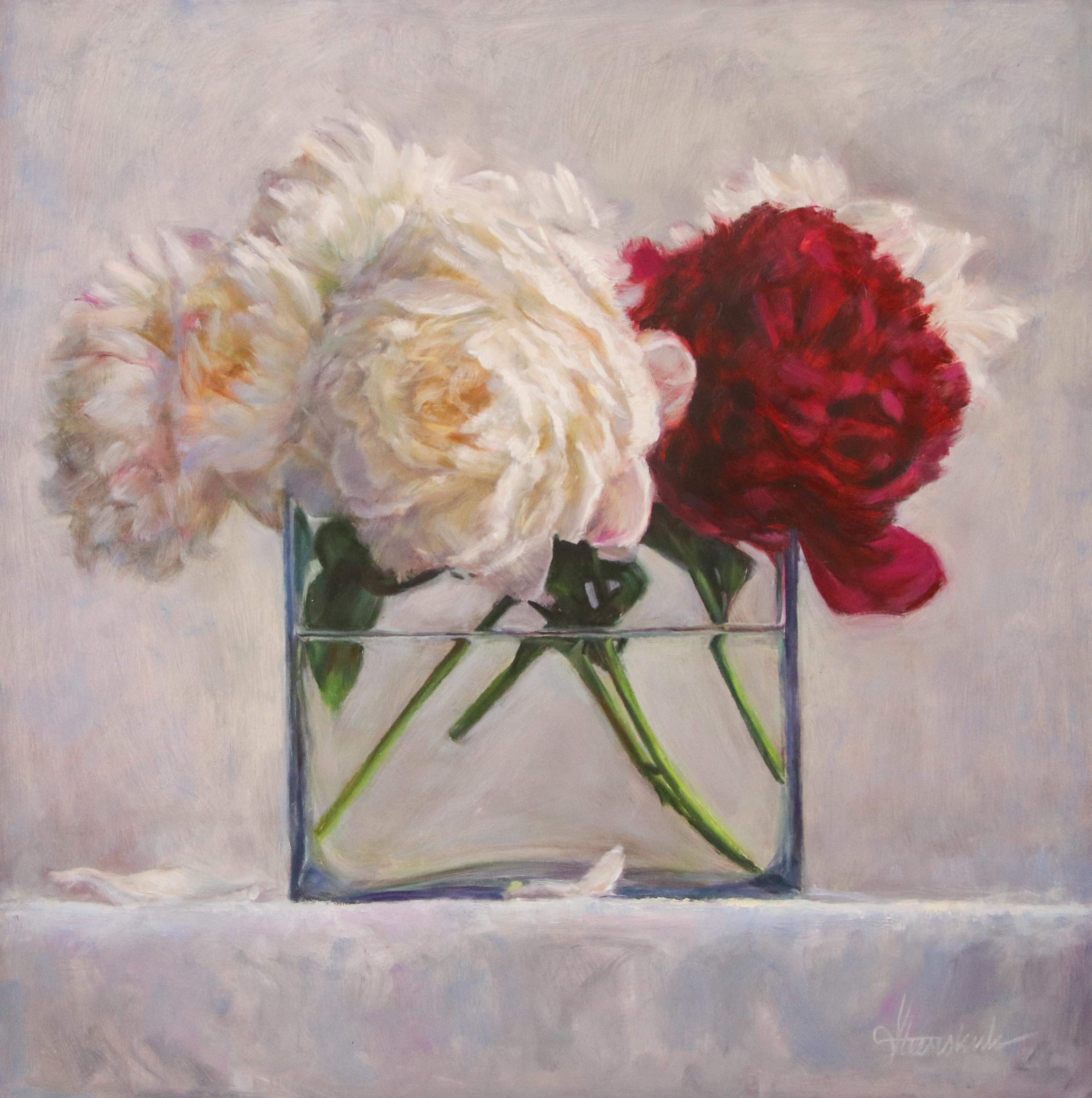 Yvonne Heemskerk Figurative Painting - Velvet - 21st Century Contemporary Still-Life of a Vase with Red & White Flowers