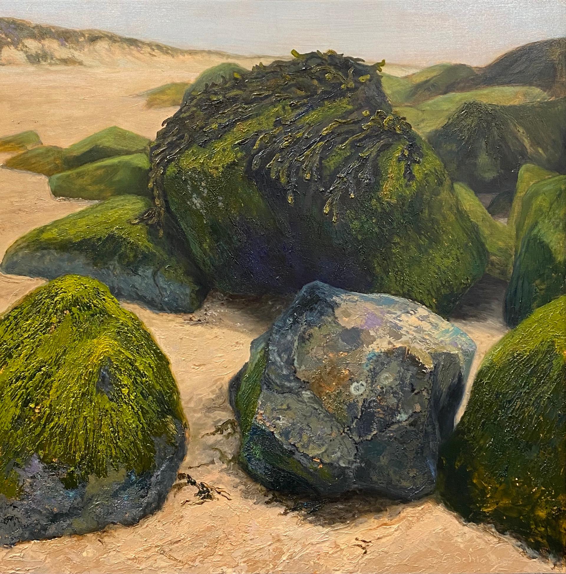 Esther Schlebos Figurative Painting - Stones on the Beach- 21st Century Contemporary landscape painting 