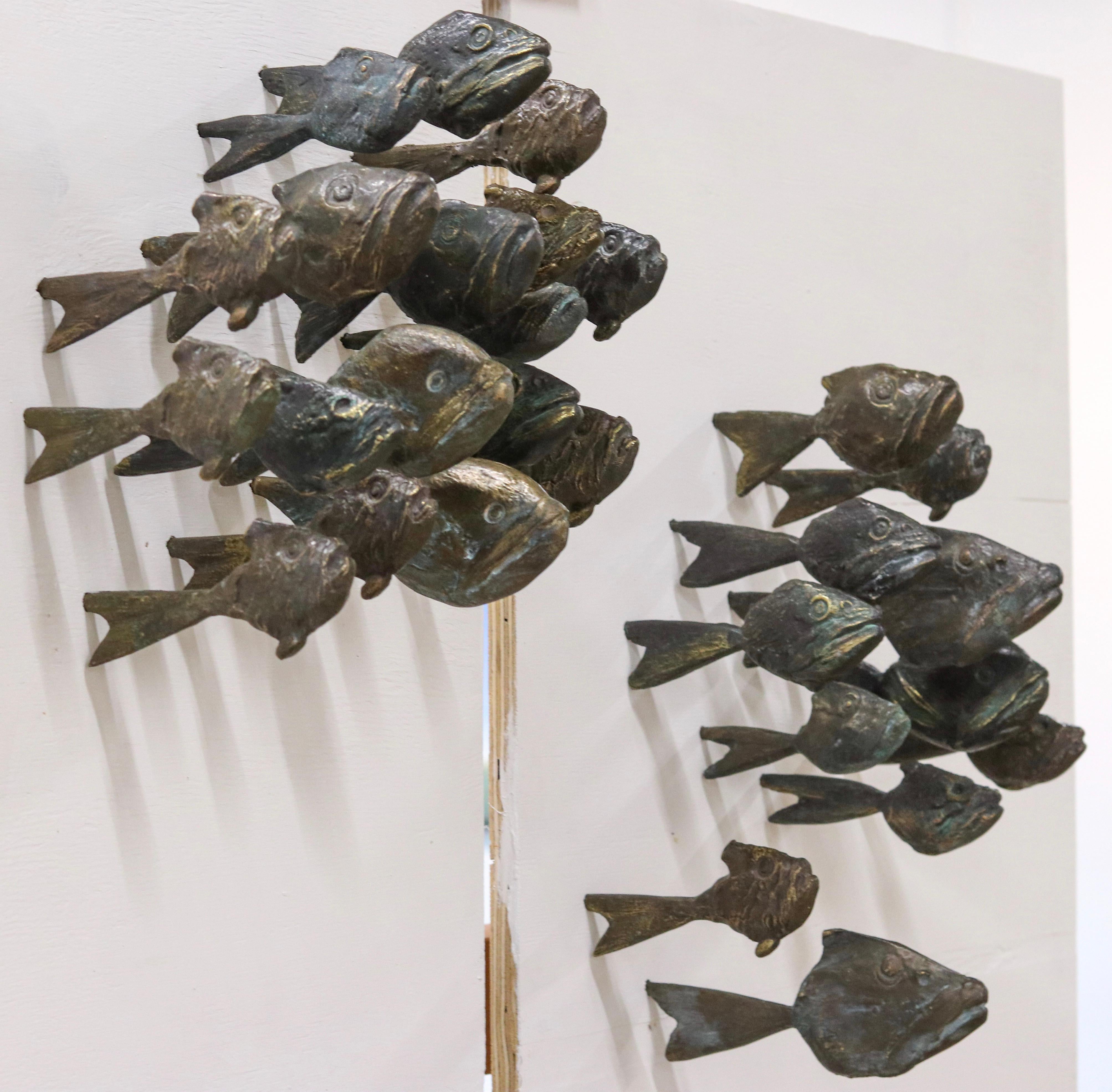 Piranha's  - 21st Century Bronze Sculpture out of Piranha's  (45 fishes) - Gold Abstract Sculpture by Yrgos Kypris