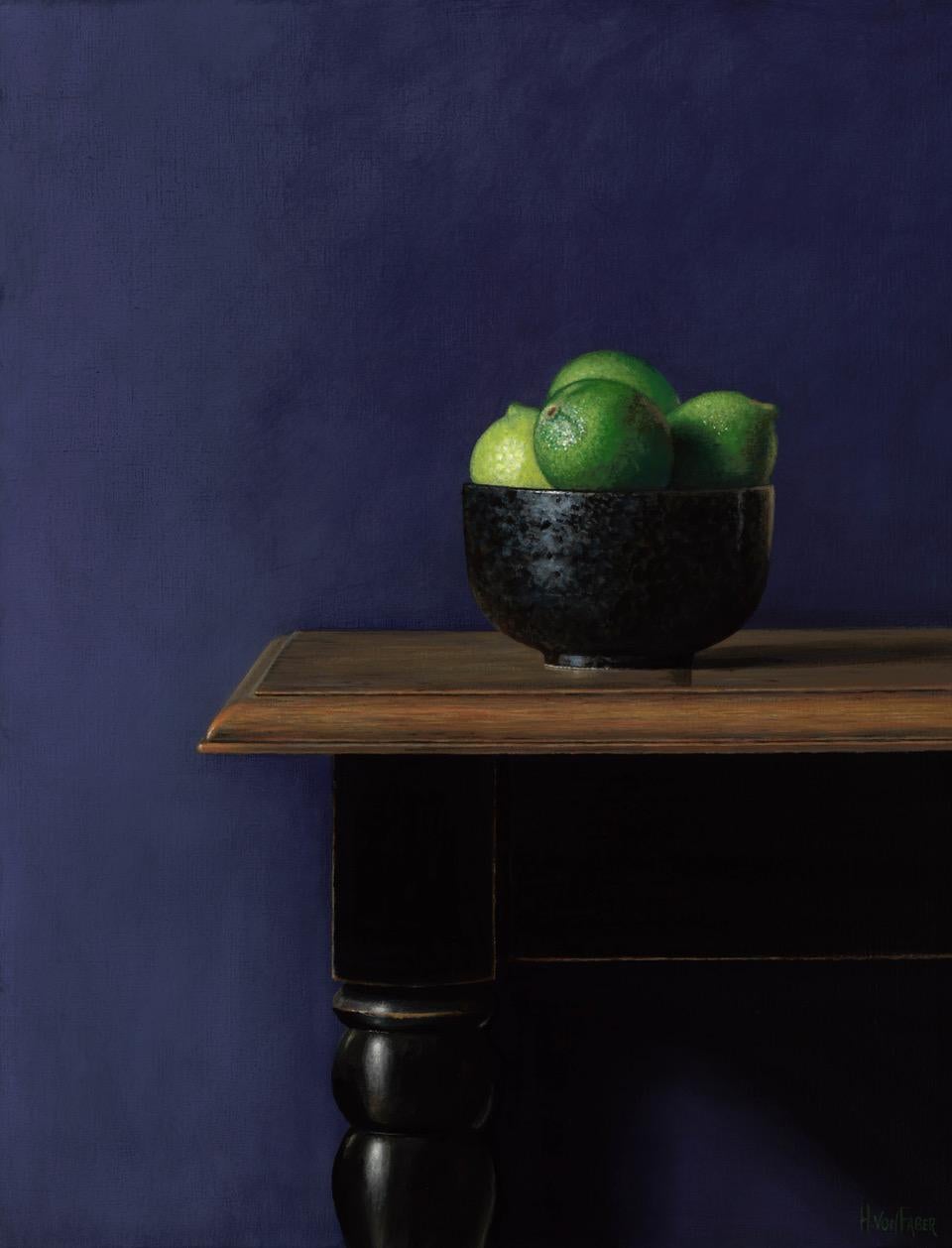 Limes in a black bowl-21st Century Realistic Contemporary Still-life painting 