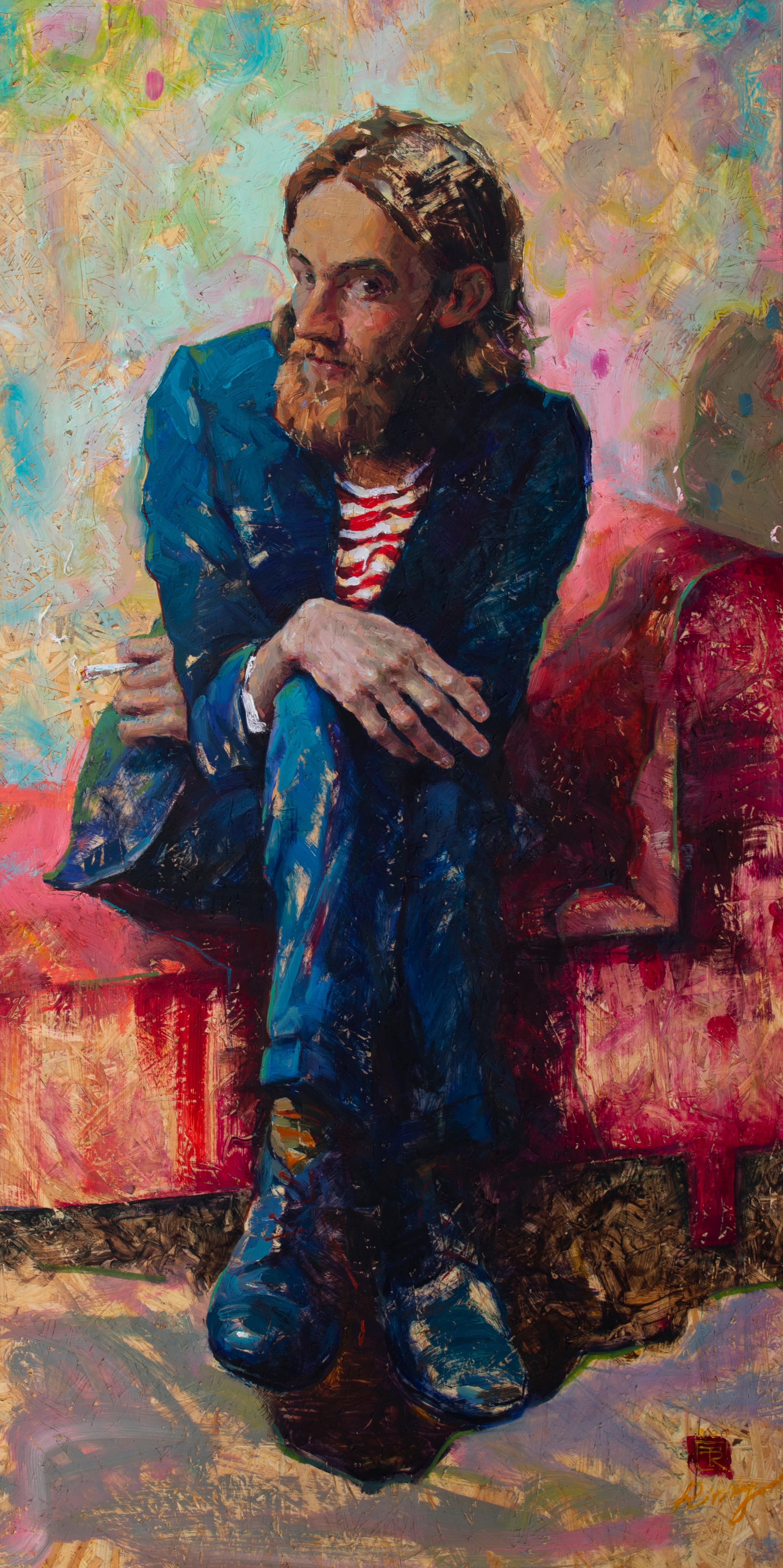 Tania Rivilis Figurative Painting - Poët from St Moritz- 21st Century Contemporary Figure Painting of a man smoking