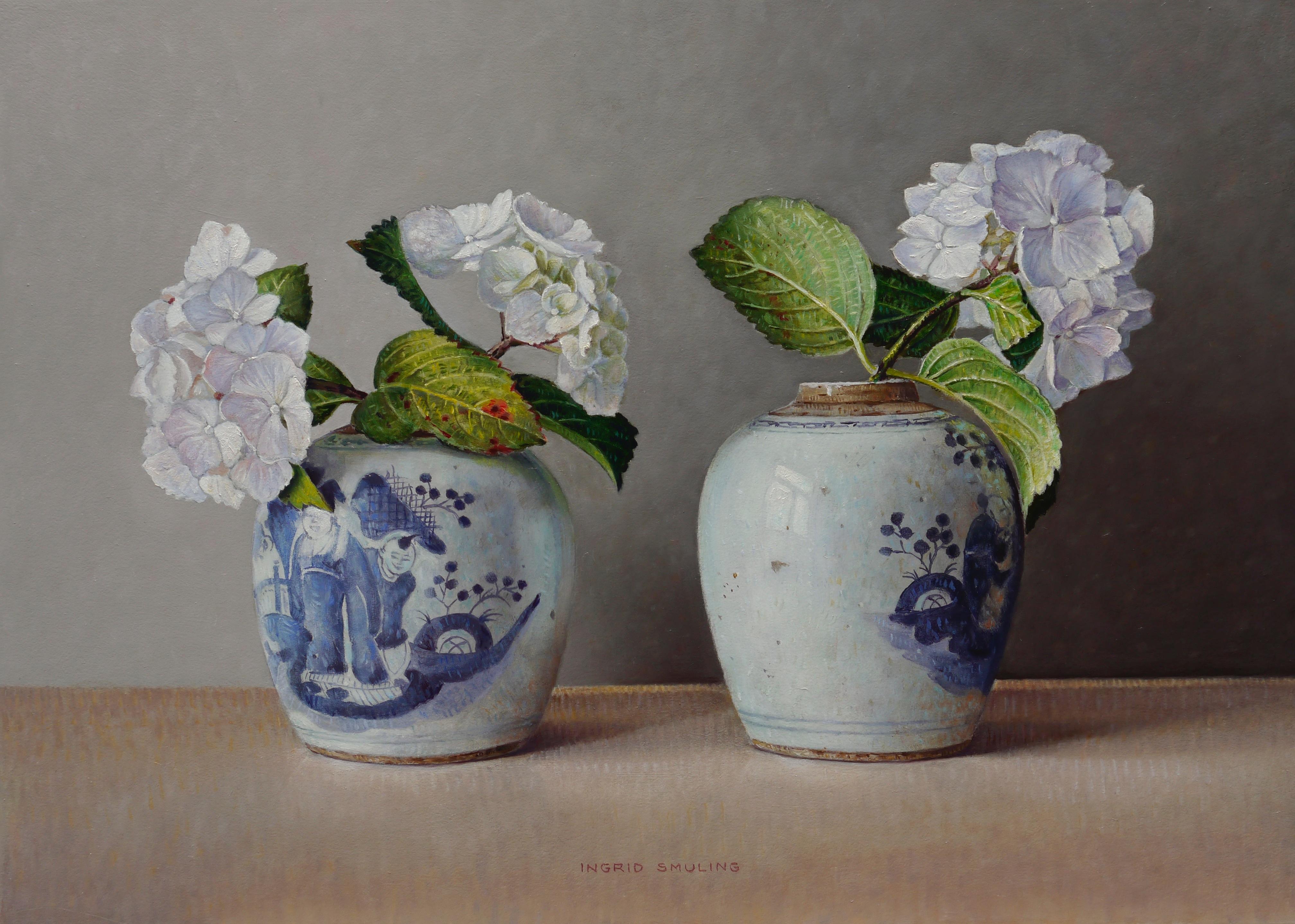 Ingrid Smuling Still-Life Painting - White Hydrangea's in Chinese Pots - 21st Century Contemporary Still-Life