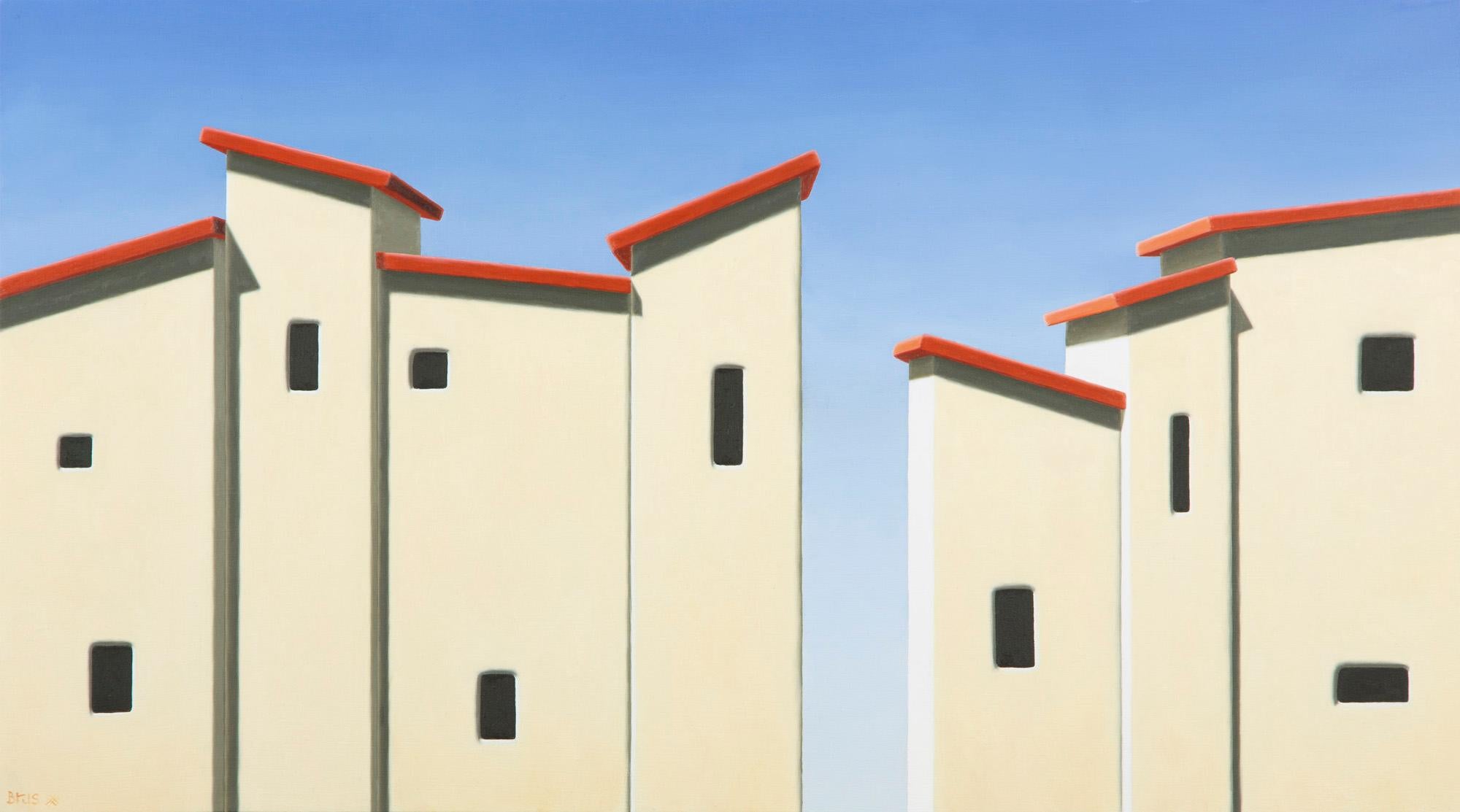 Bert Brus Figurative Painting - Red Roofs III - 21st Century Contemporary Oil Painting of Rooftops with Blue Sky