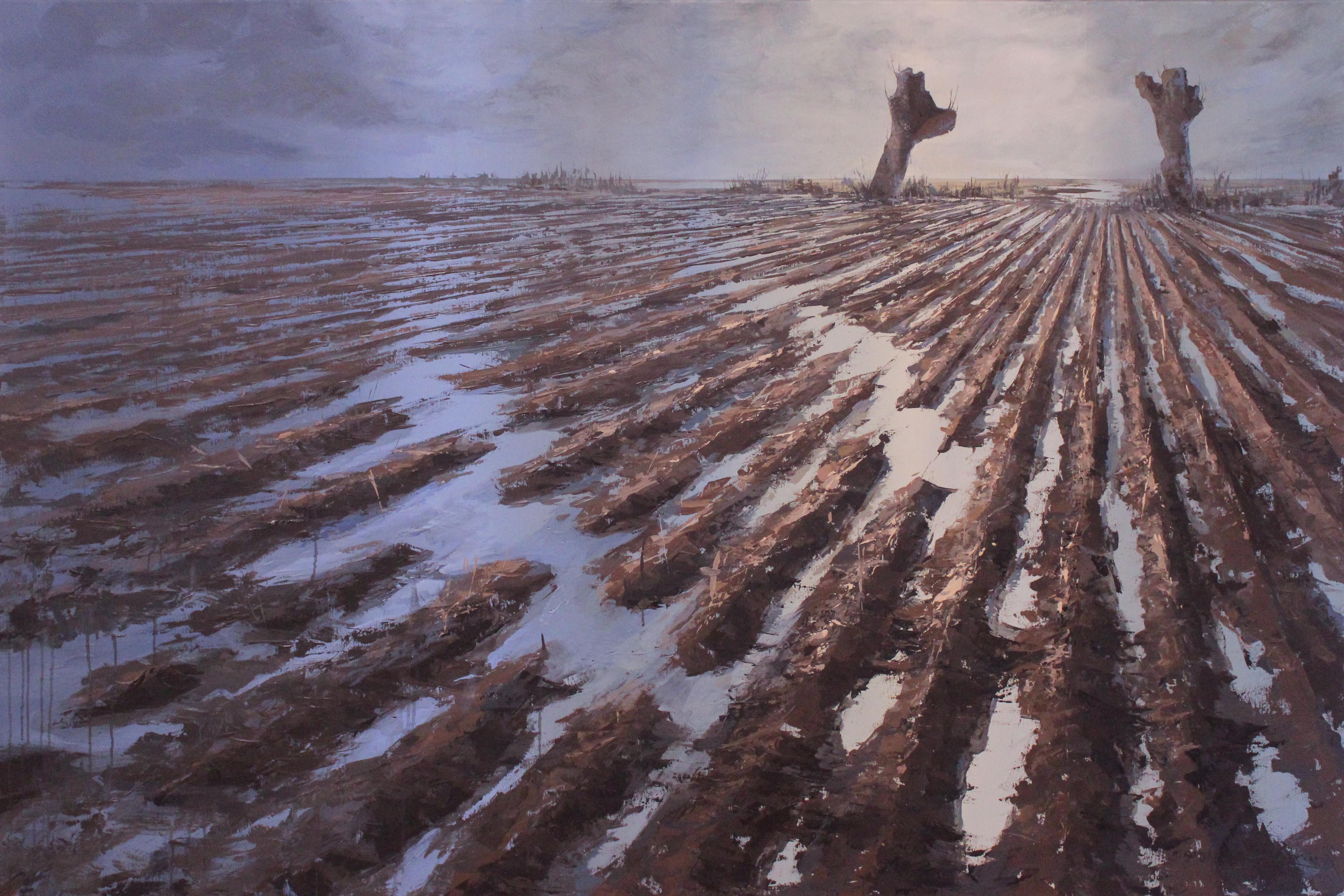 Marein Konijn Figurative Painting - Pollard Willows In The Clay - 21st Century Contemporary Oil Painting Landscape