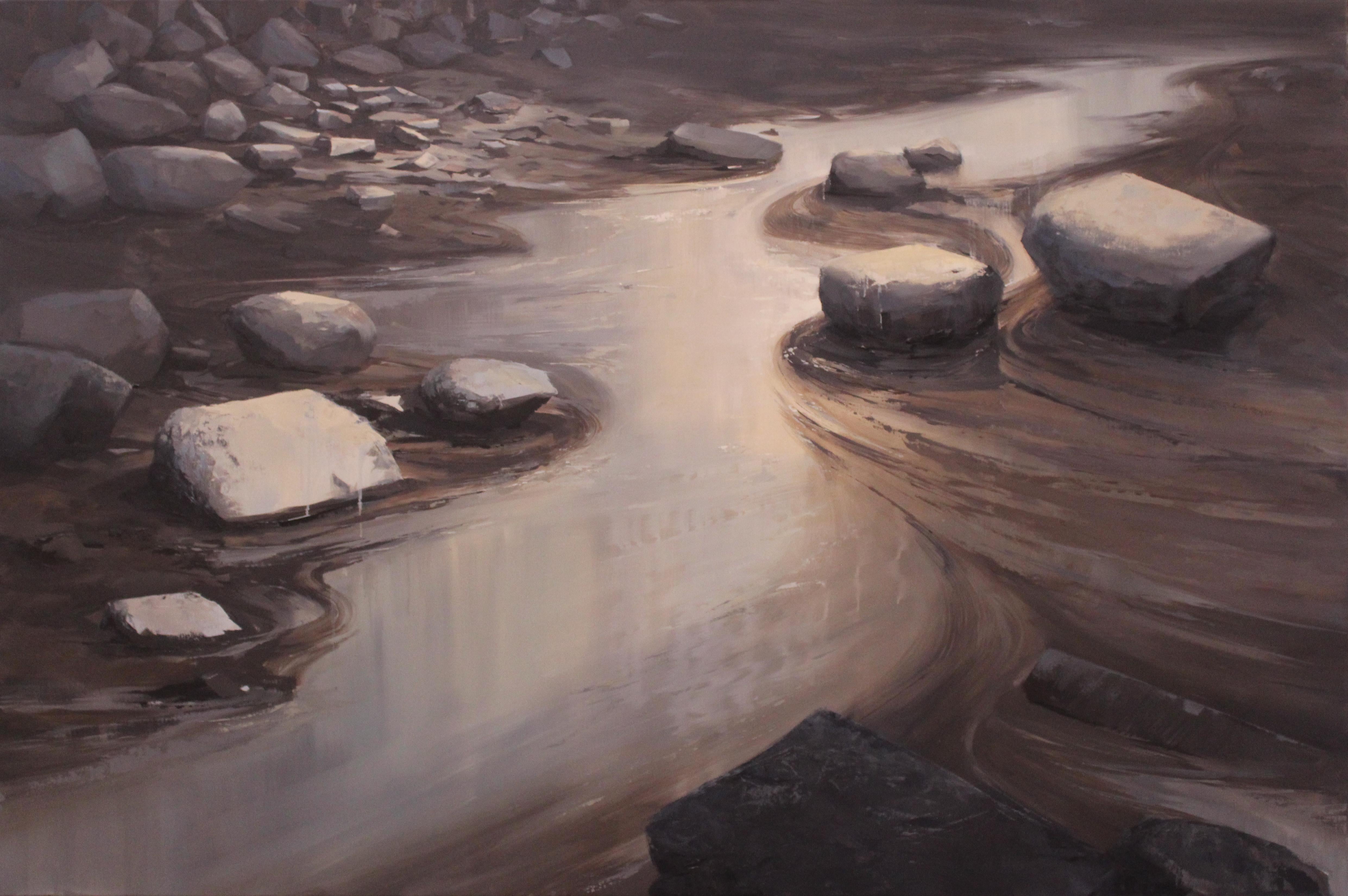 Figurative Painting de Marein Konijn - Ribera del río - Paisaje contemporáneo al óleo del siglo XXI con agua y rocas