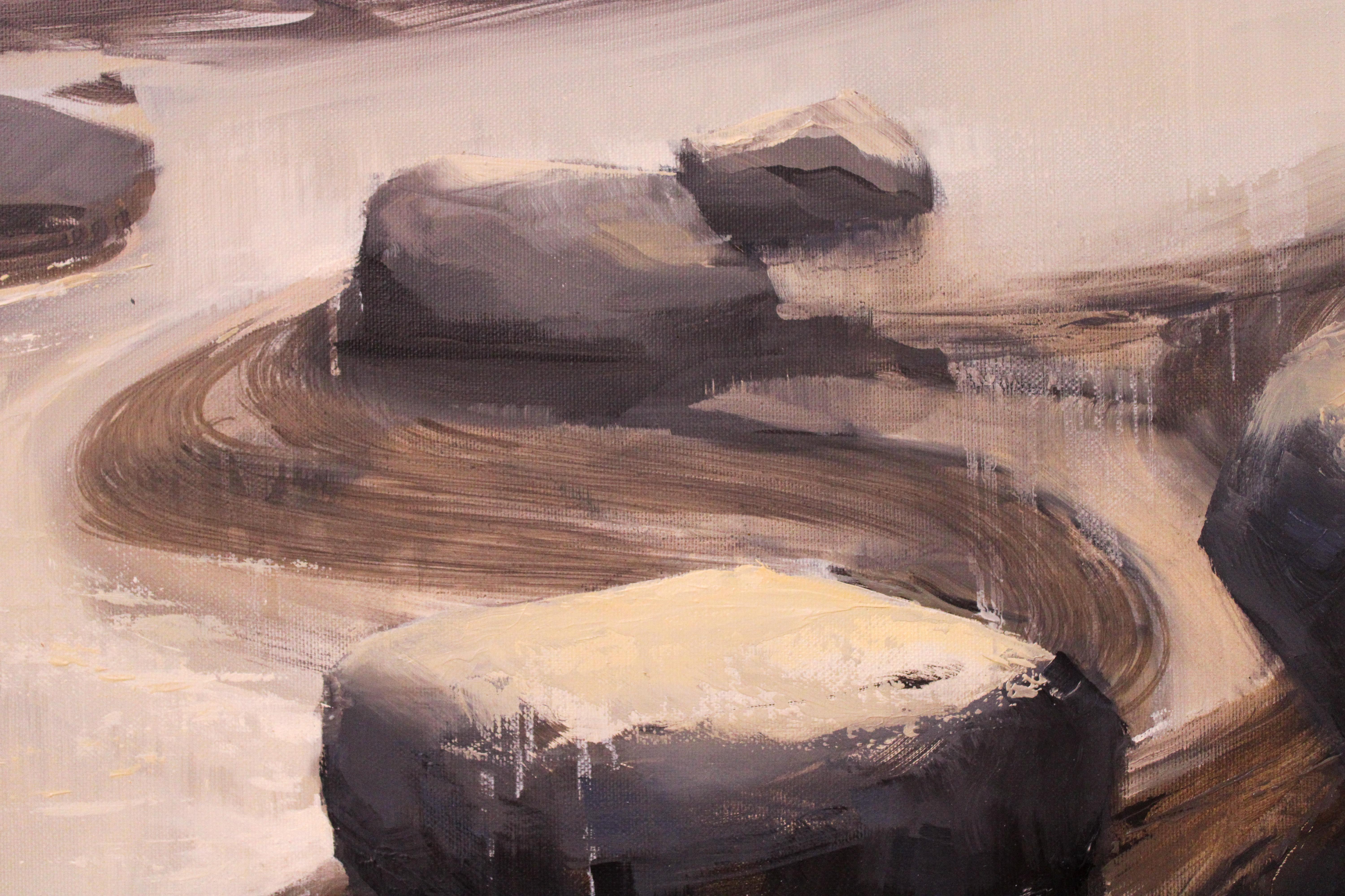 River Bank - 21st Century Contemporary Oil Landscape with Water and Rocks - Painting by Marein Konijn