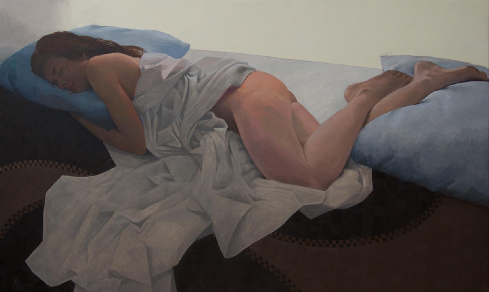 Adolfo Ramon Figurative Painting – Schlafende Frau - Zeitgenössisches Ölgemälde einer nackten Frau aus dem 21.