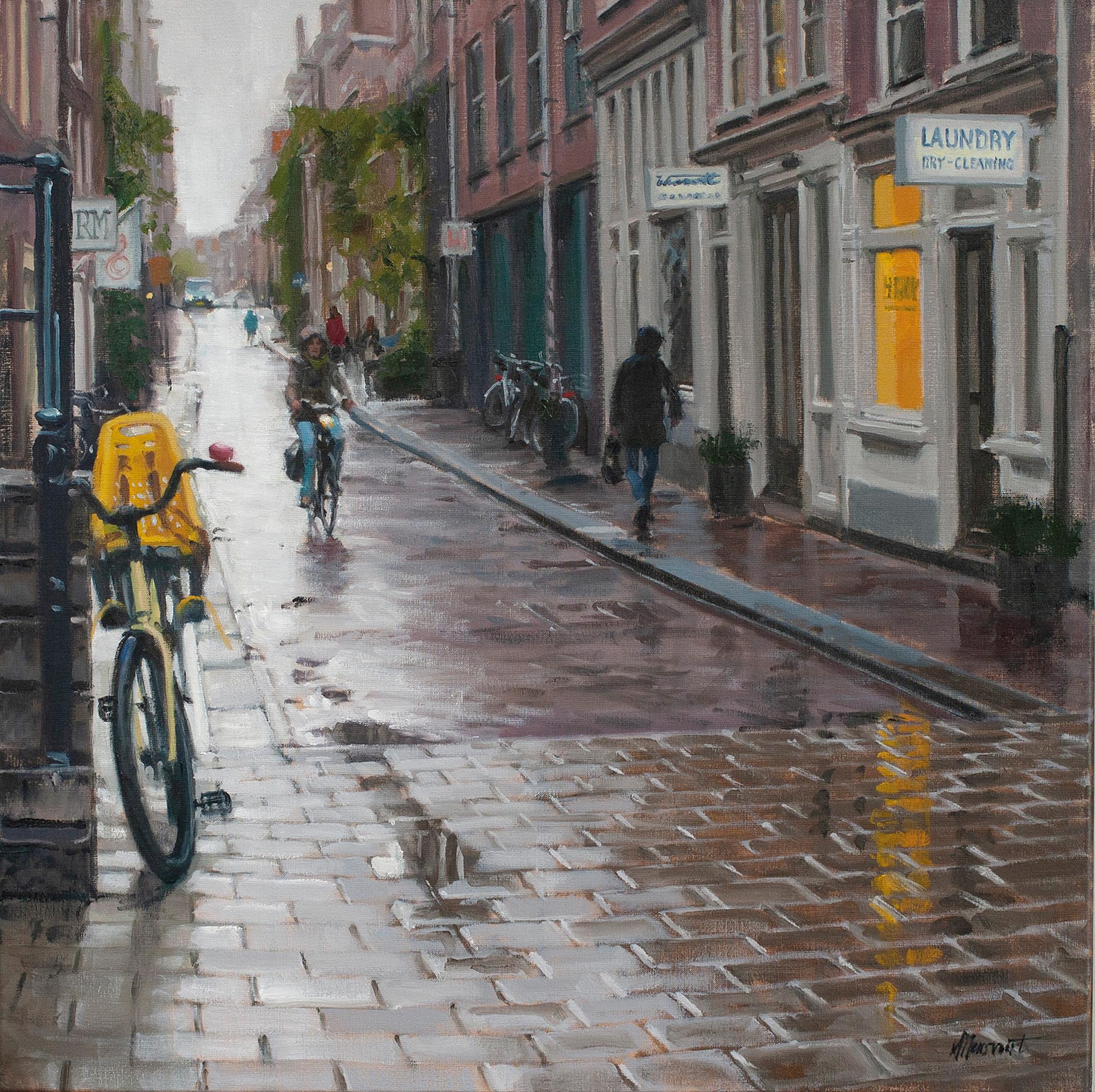Richard van Mensvoort Figurative Painting - Rain in Amsterdam- 21st Century Contemporary Dutch Cityscape Oilpainting 