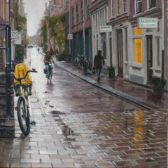 Rain in Amsterdam- 21st Century Contemporary Dutch Cityscape Oilpainting