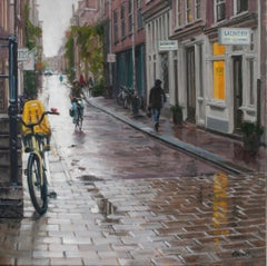 Rain in Amsterdam- 21st Century Contemporary Dutch Cityscape Oilpainting 