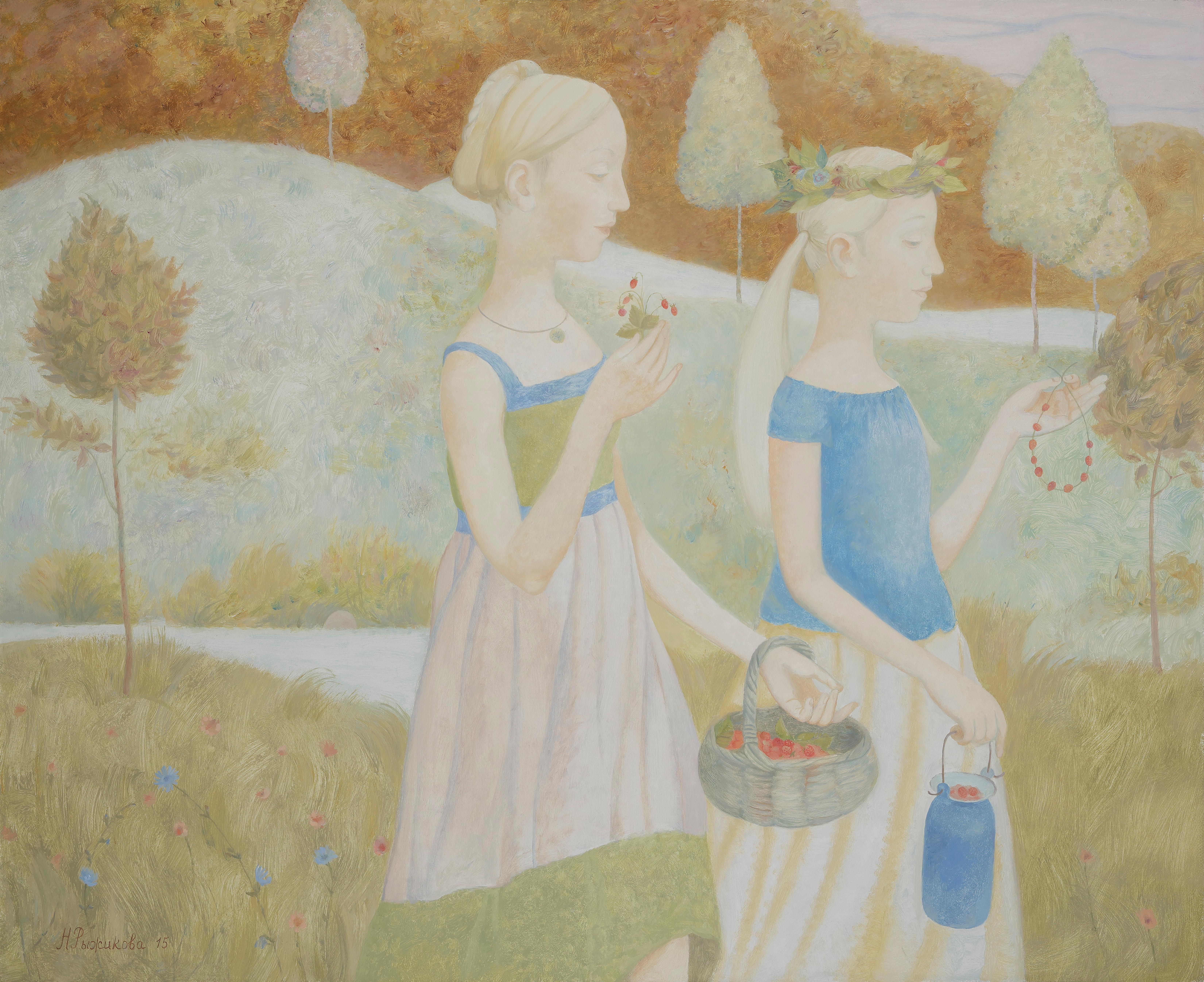 Nina Ryzhikova Landscape Painting - Strawberry Fields- 21st Century Russian Oilpainting of two girls 