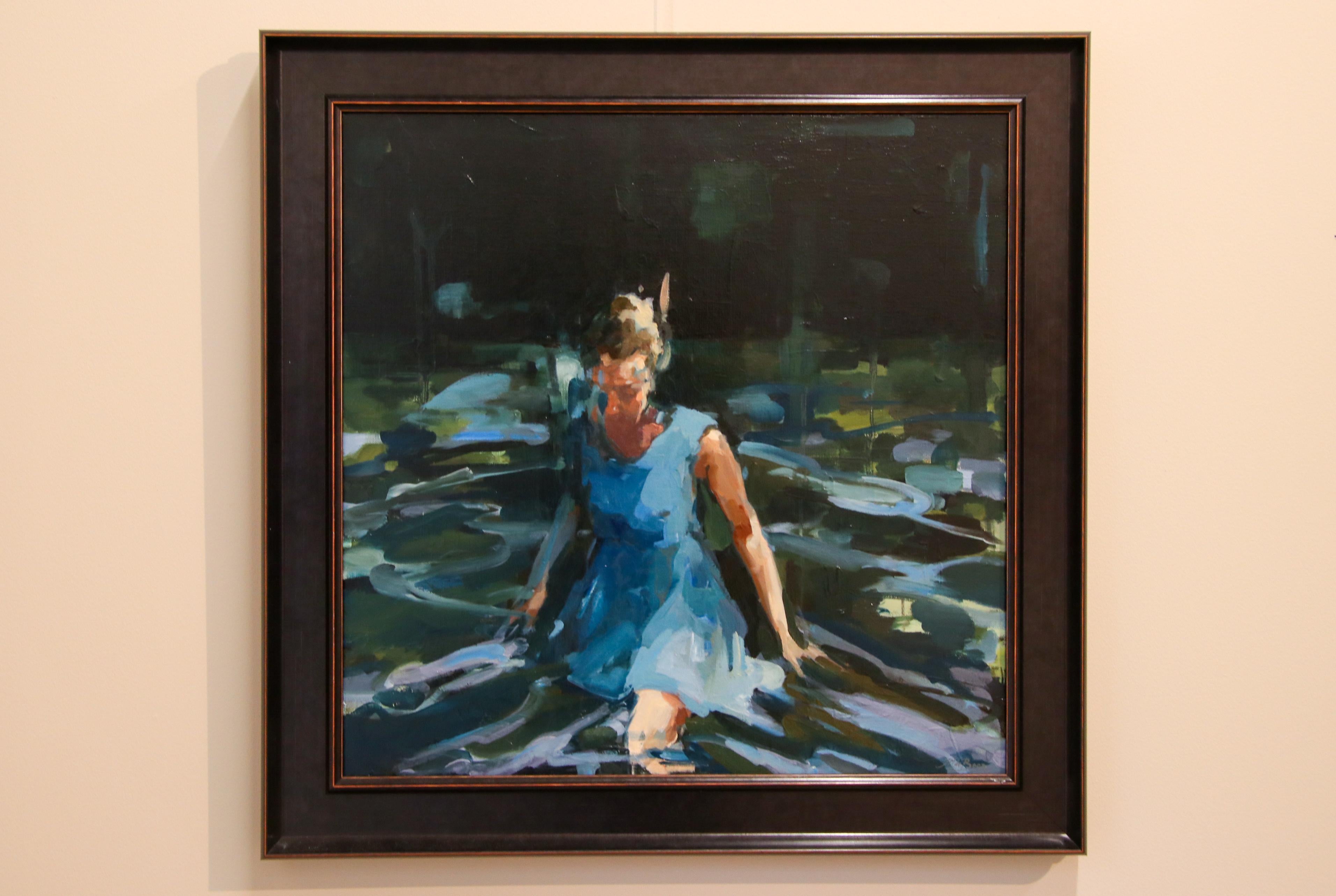 Undreamed Shores - Pintura al óleo contemporánea de una mujer caminando por el agua - Painting de Jantien de Boer