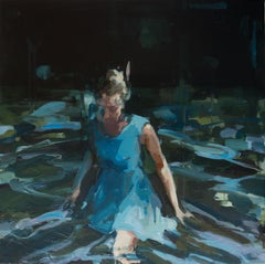 Undreamed Shores - Pintura al óleo contemporánea de una mujer caminando por el agua