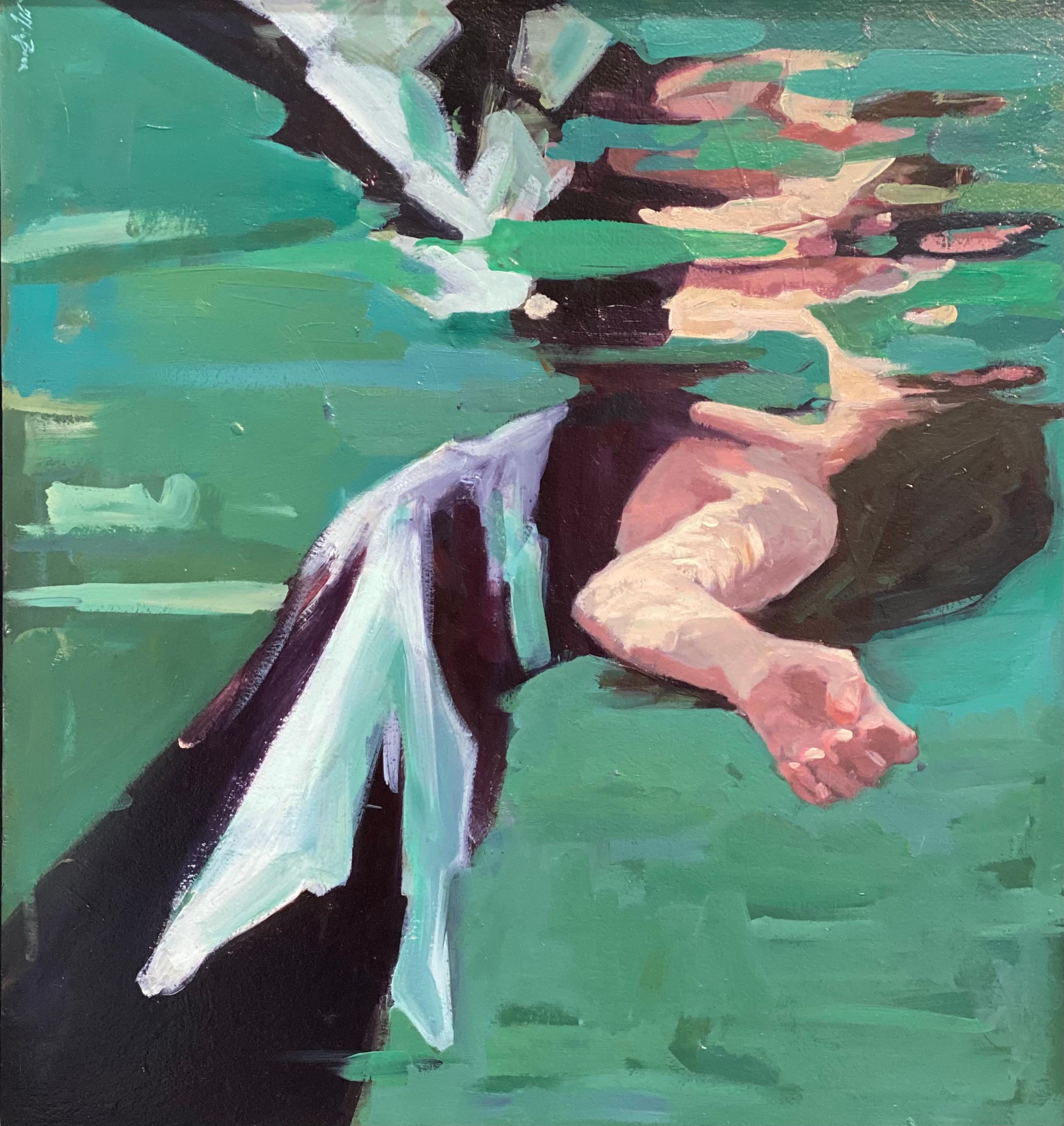 Jantien de Boer Abstract Painting - Topsyturfy-21st Century Painting of a Girl Floating in water