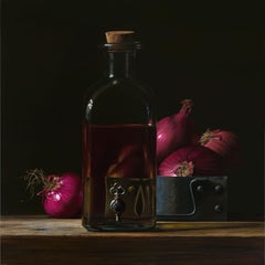 Bottle of Oil with Red Onions- 21st Century Contemporary Still-life Painting 