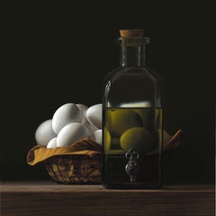 Bouteille d'huile avec œufs - Peinture de nature morte contemporaine du 21e siècle 