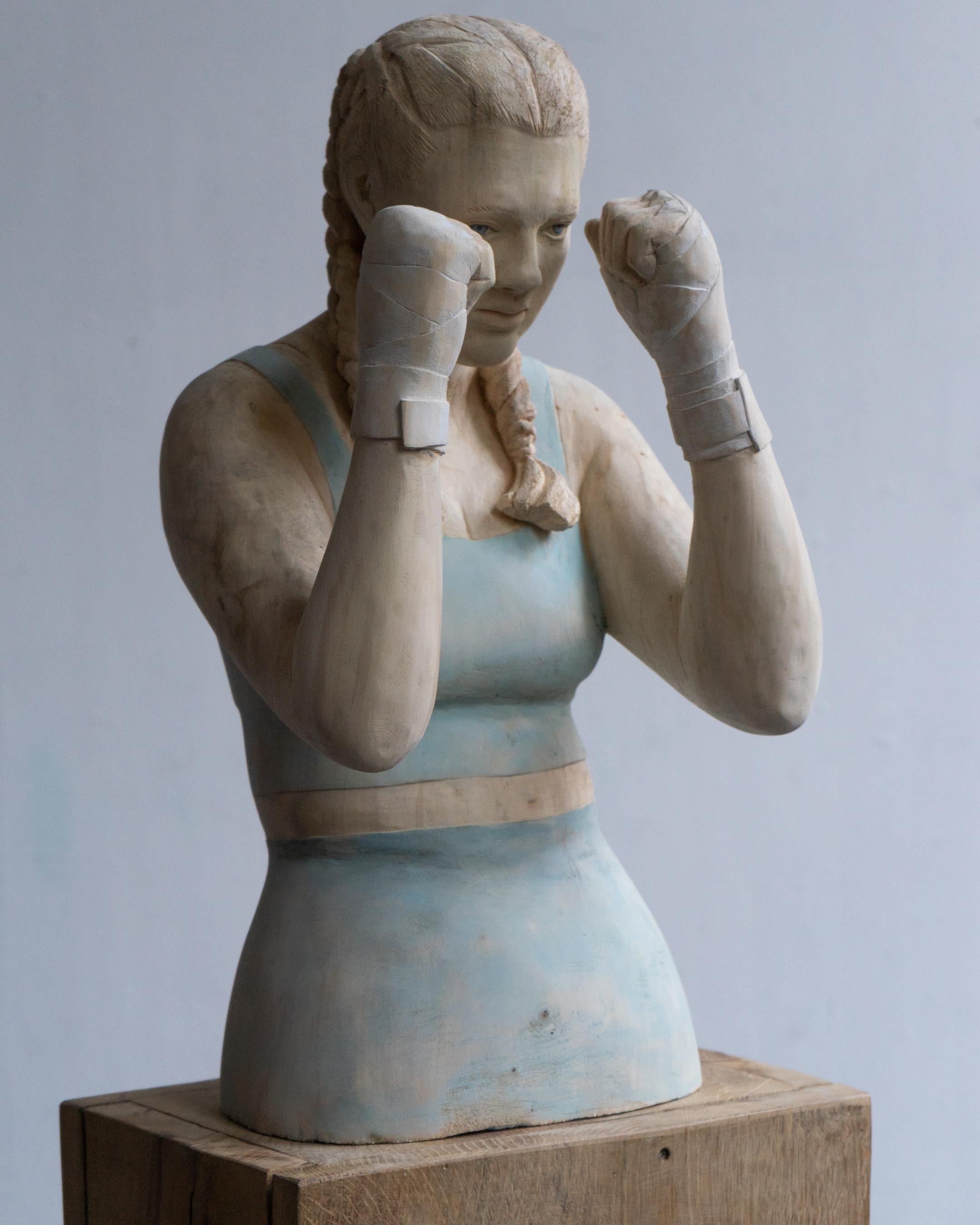 Boris Paval Conen Abstract Sculpture - Silence- 21st Century Contemporary  Wooden Sculpture of a Young Boxing Girl 