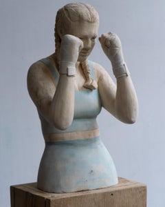 Used Silence- 21st Century Contemporary  Wooden Sculpture of a Young Boxing Girl 
