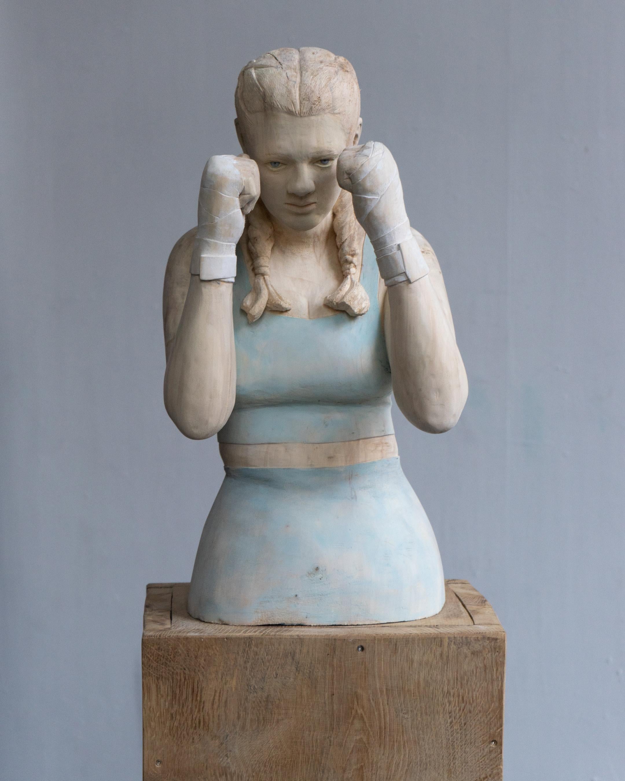 Silence- 21st Century Contemporary  Wooden Sculpture of a Young Boxing Girl  - Brown Abstract Sculpture by Boris Paval Conen