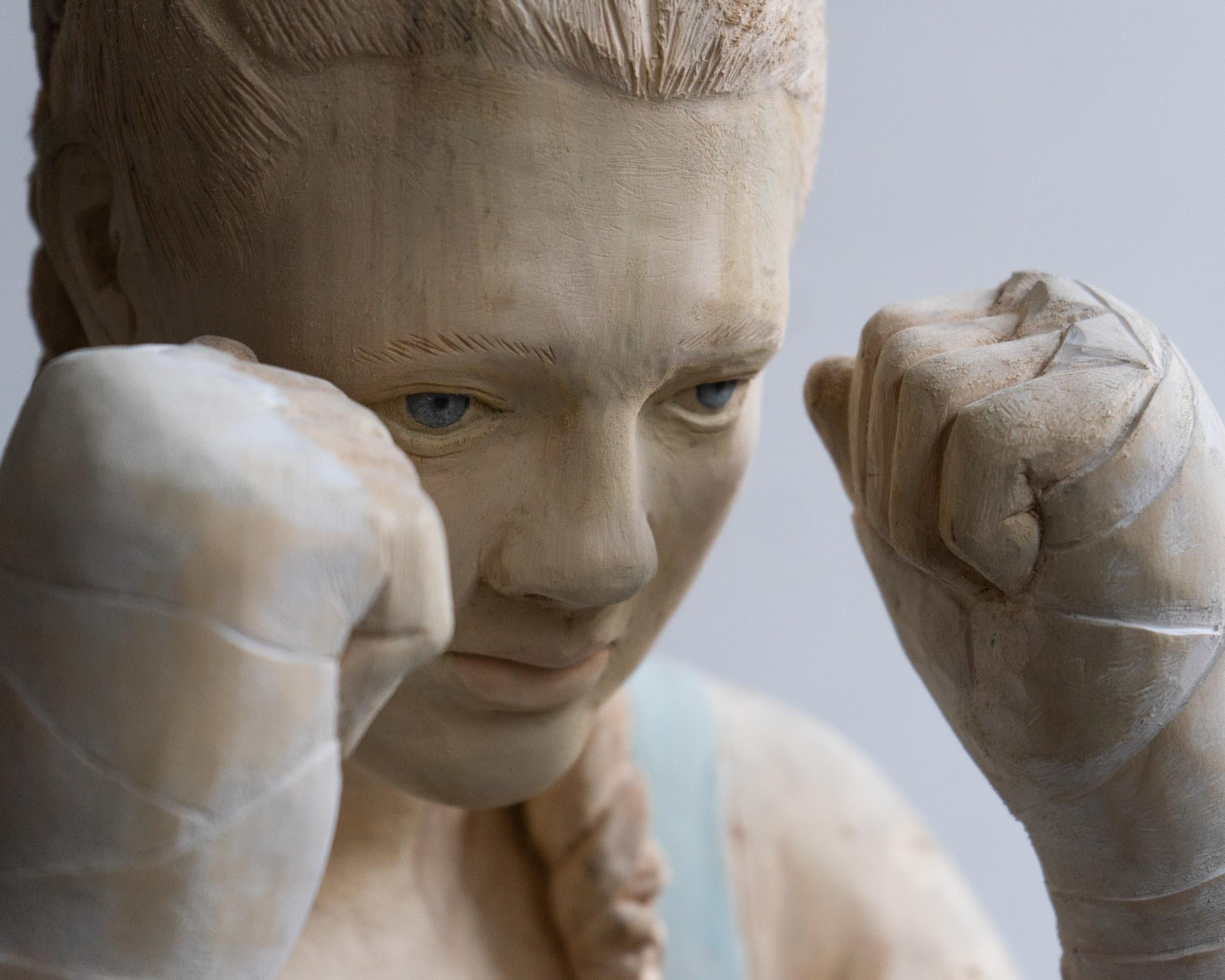 Silence- 21st Century Contemporary  Wooden Sculpture of a Young Boxing Girl  1