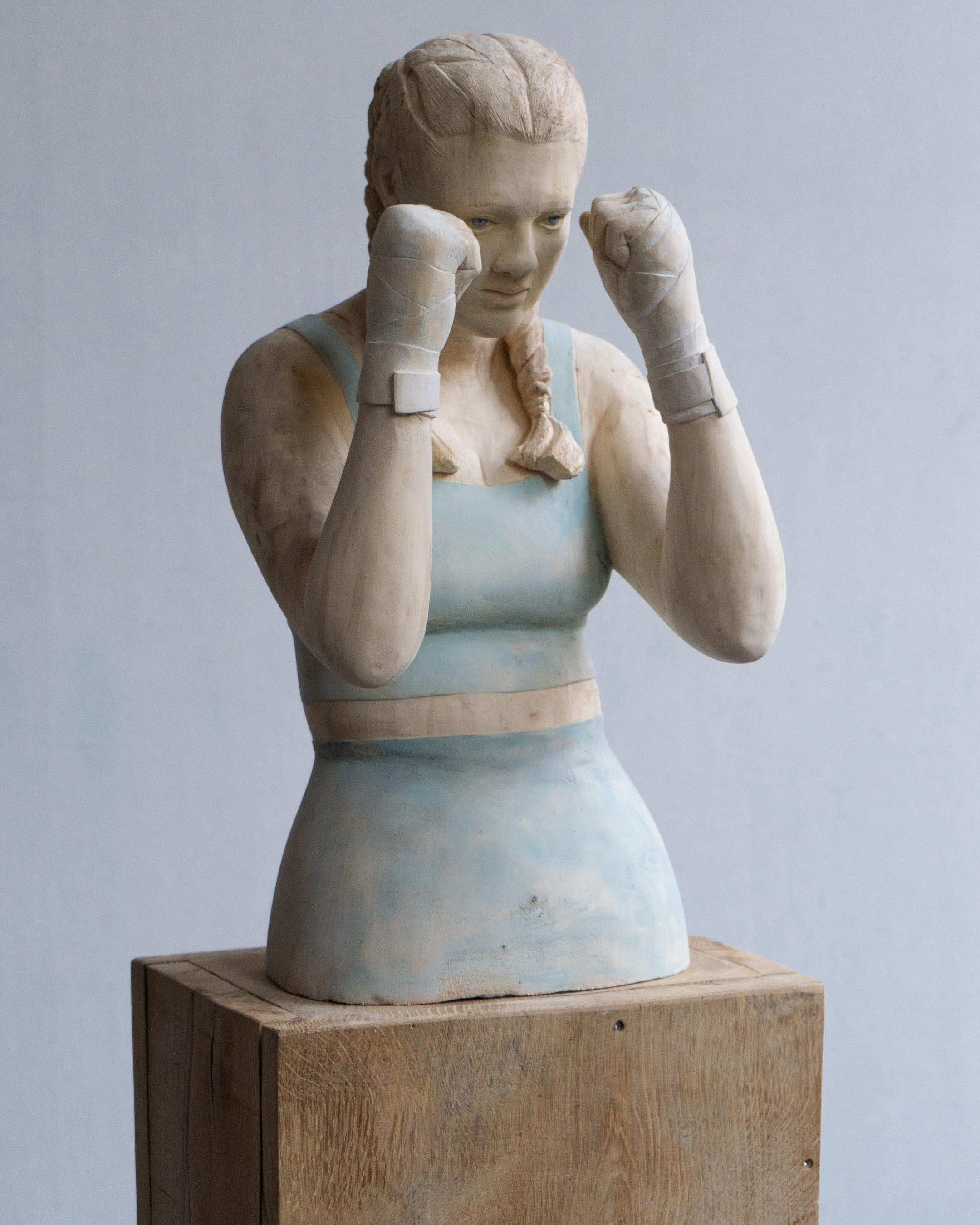 Silence- 21st Century Contemporary  Wooden Sculpture of a Young Boxing Girl  2