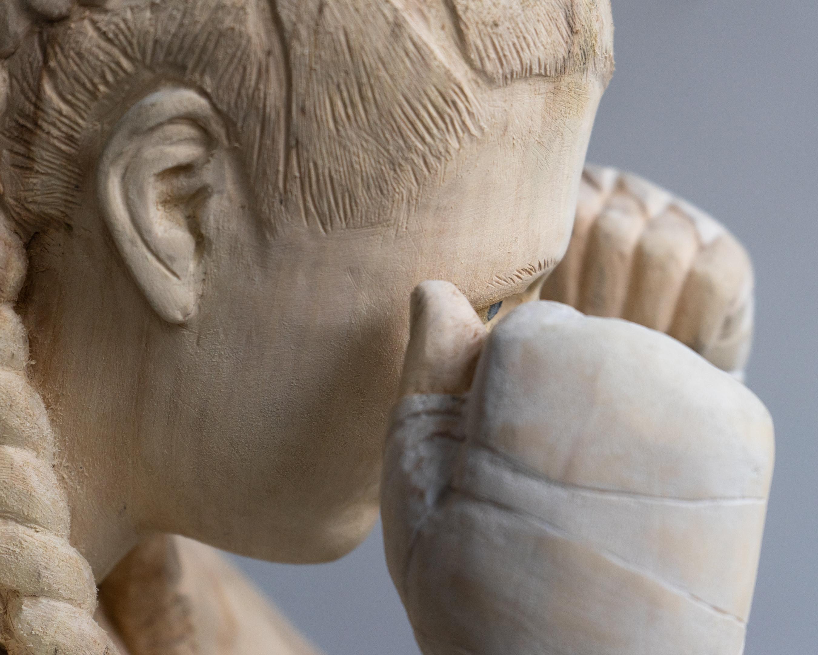 Silence- 21st Century Contemporary  Wooden Sculpture of a Young Boxing Girl  4