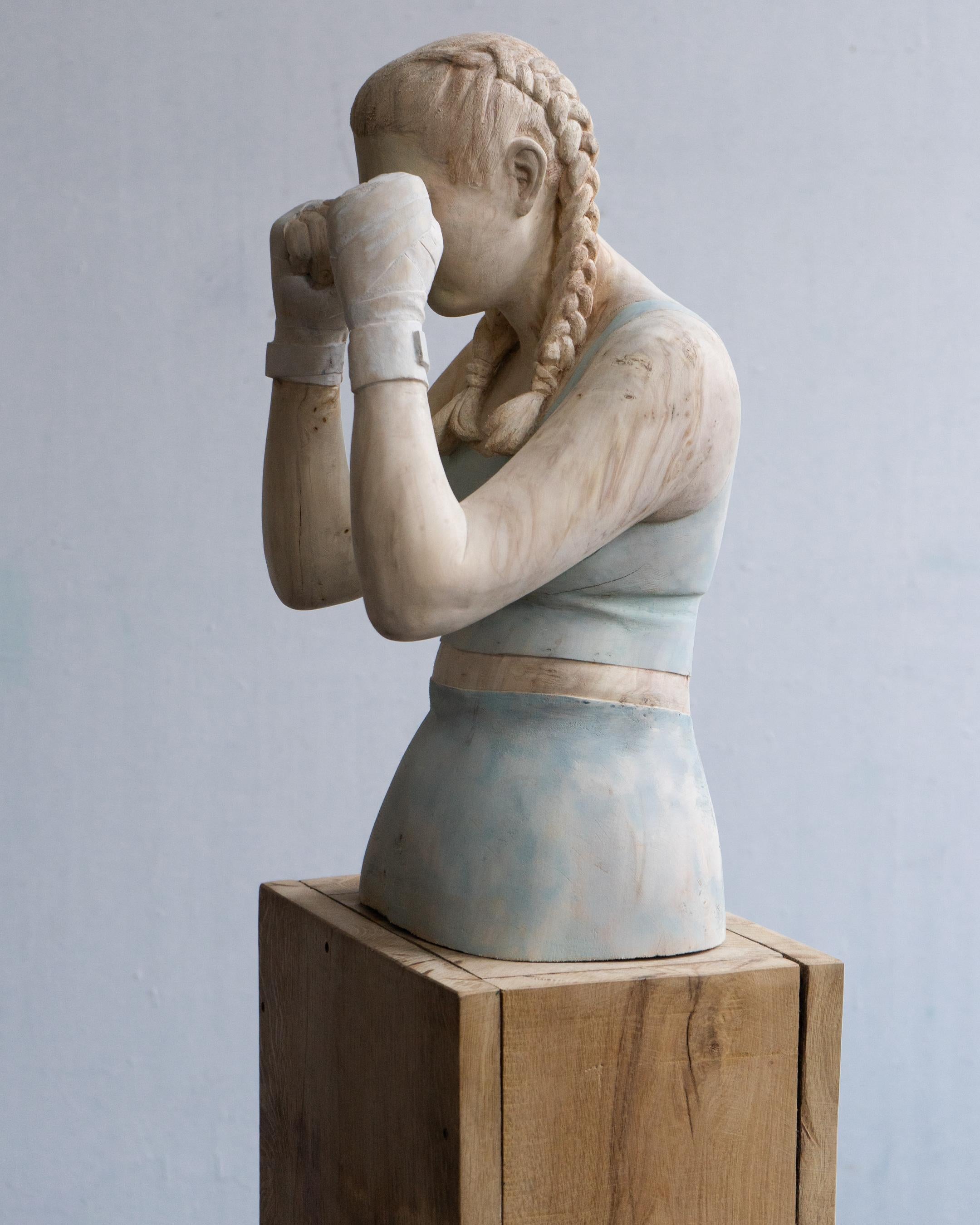 Silence- 21st Century Contemporary  Wooden Sculpture of a Young Boxing Girl  6