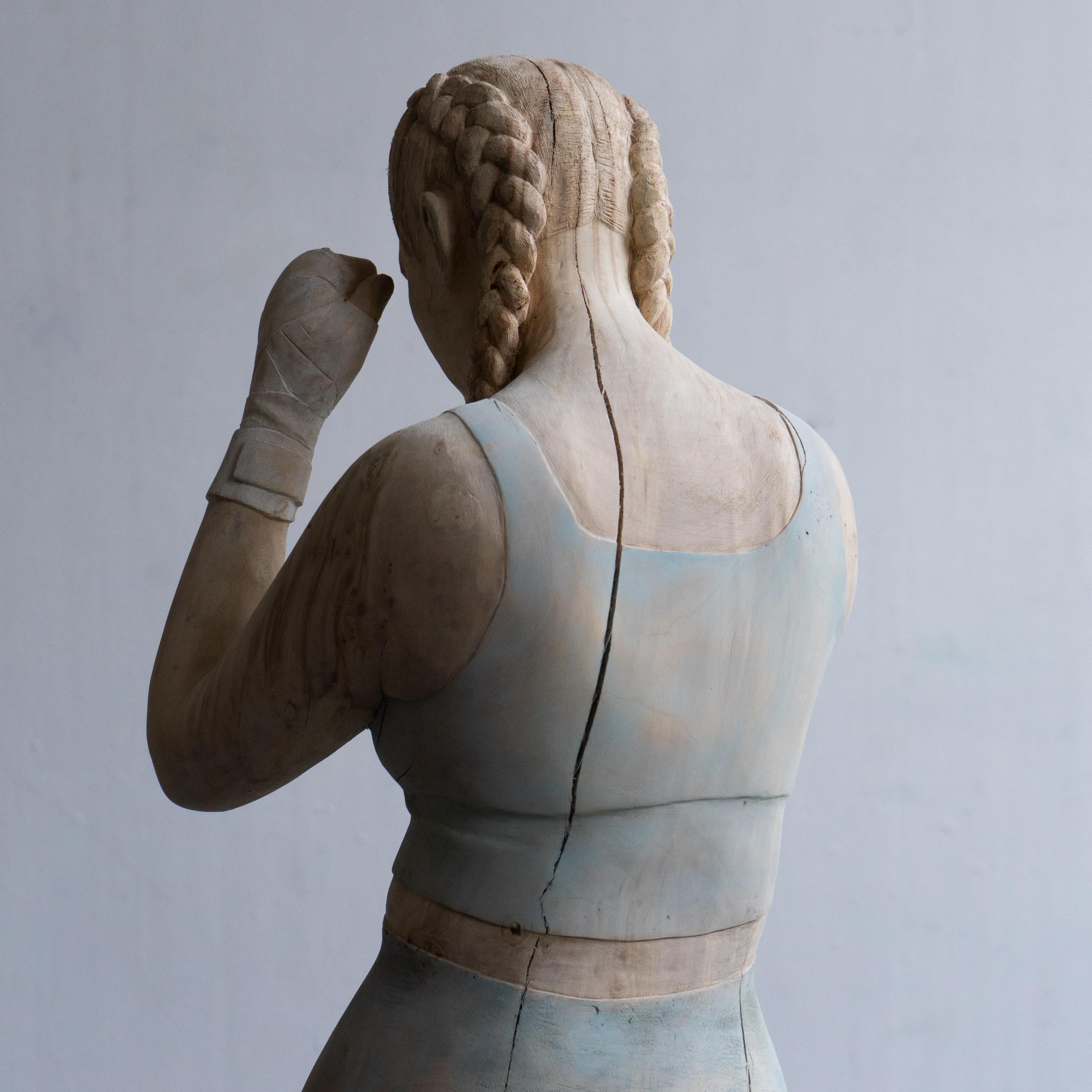 Silence- 21st Century Contemporary  Wooden Sculpture of a Young Boxing Girl  8
