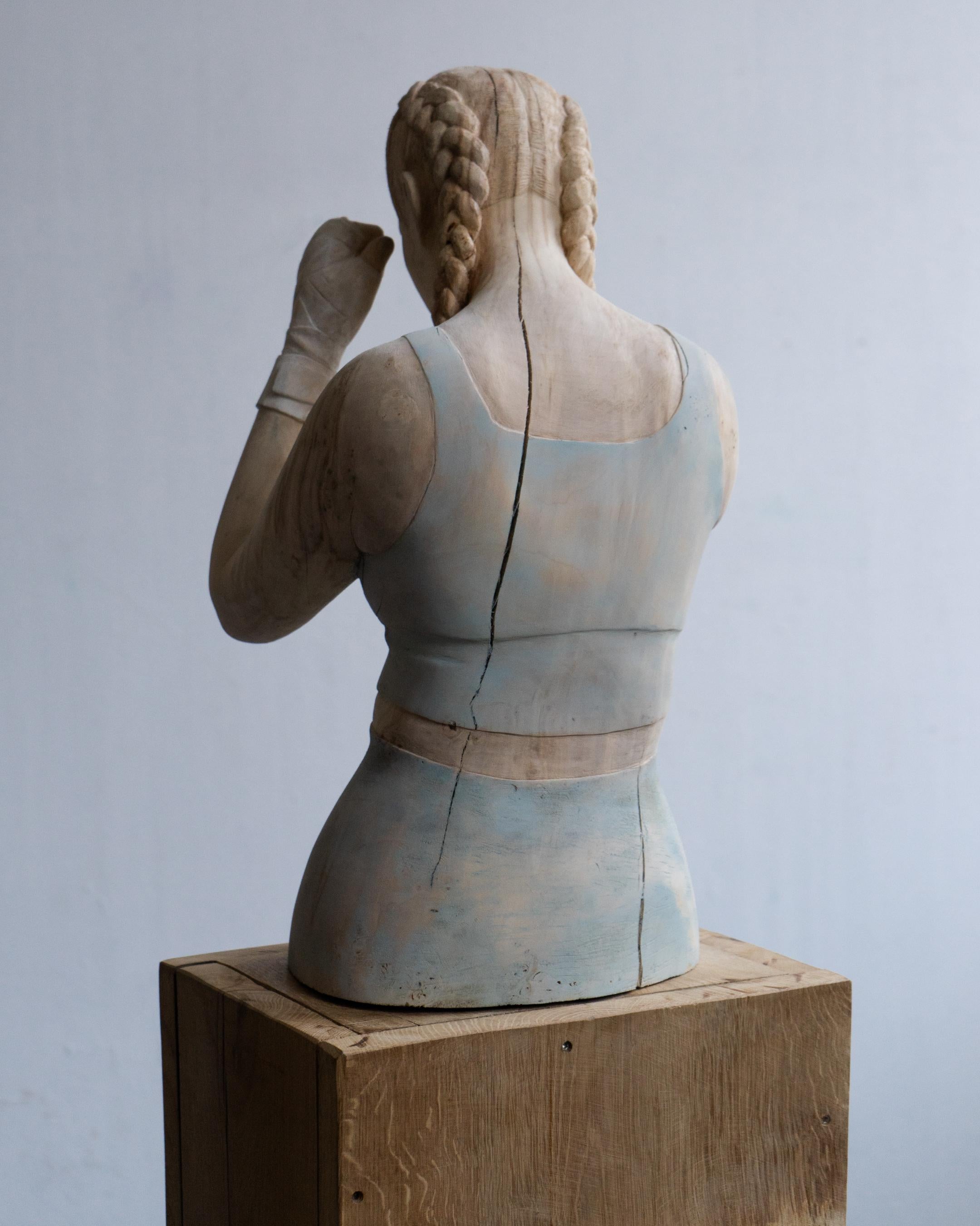 Silence- 21st Century Contemporary  Wooden Sculpture of a Young Boxing Girl  9
