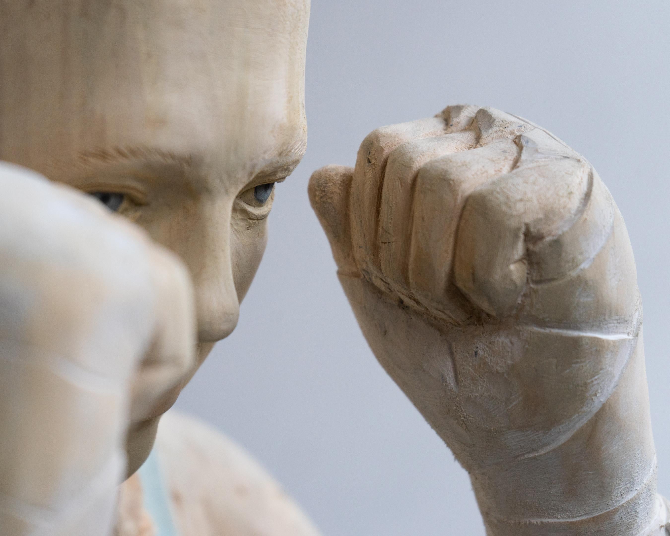 Silence- 21st Century Contemporary  Wooden Sculpture of a Young Boxing Girl  10