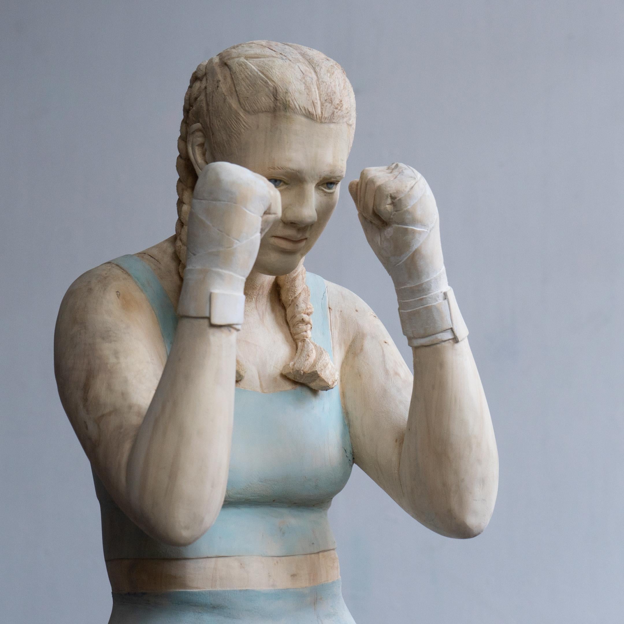 Silence- 21st Century Contemporary  Wooden Sculpture of a Young Boxing Girl  11