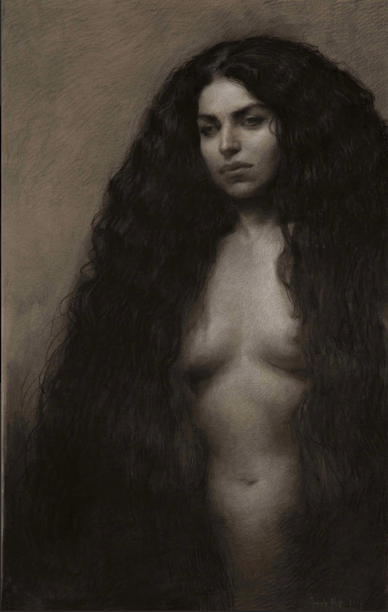 Daniela Astone Nude – Scilla- Italienische Kohlezeichnung einer nackten Frau mit langen Haaren aus dem 21. Jahrhundert
