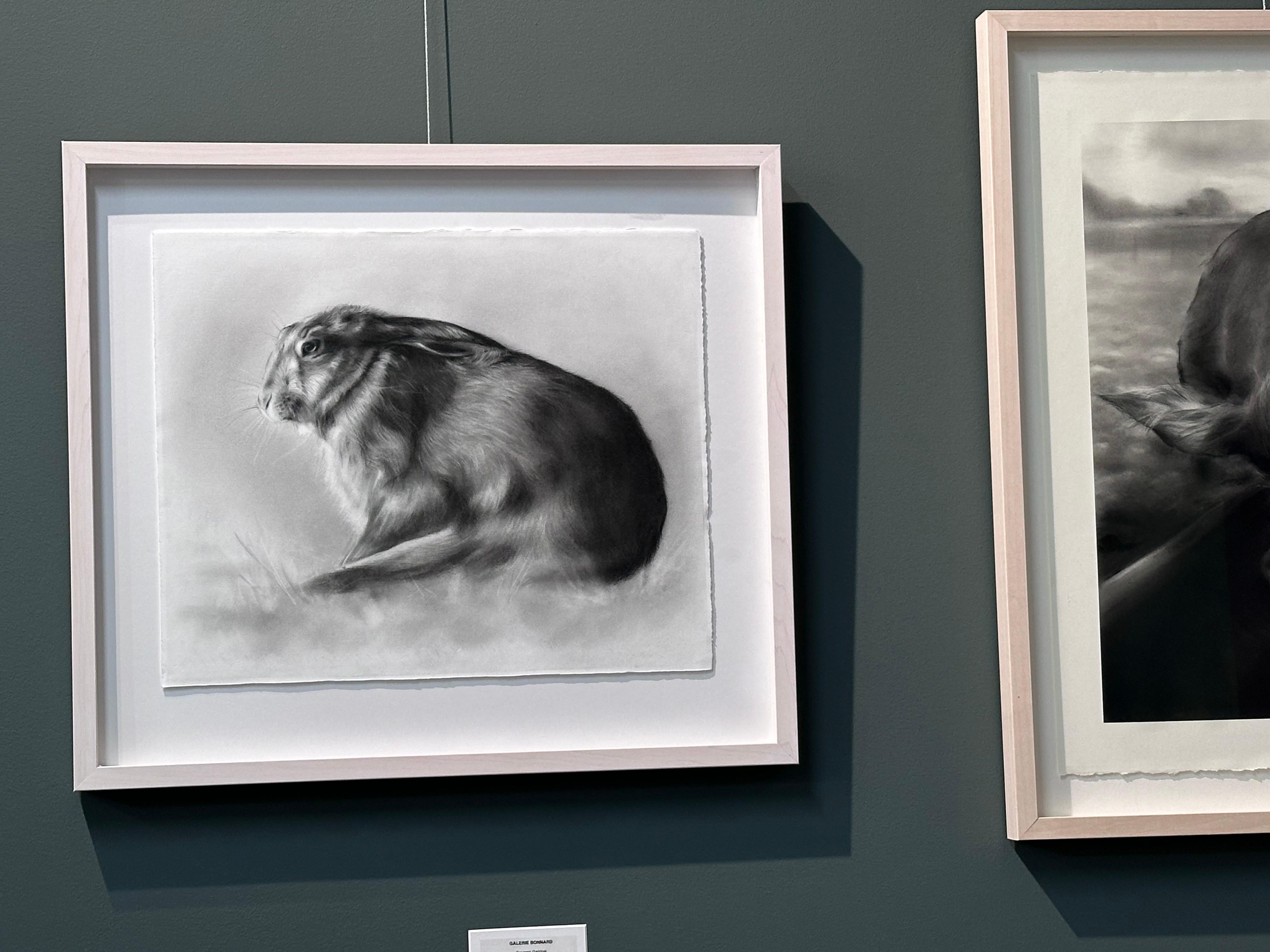 Stillness- Dibujo contemporáneo al carboncillo del siglo XXI de un conejo en el campo en venta 2