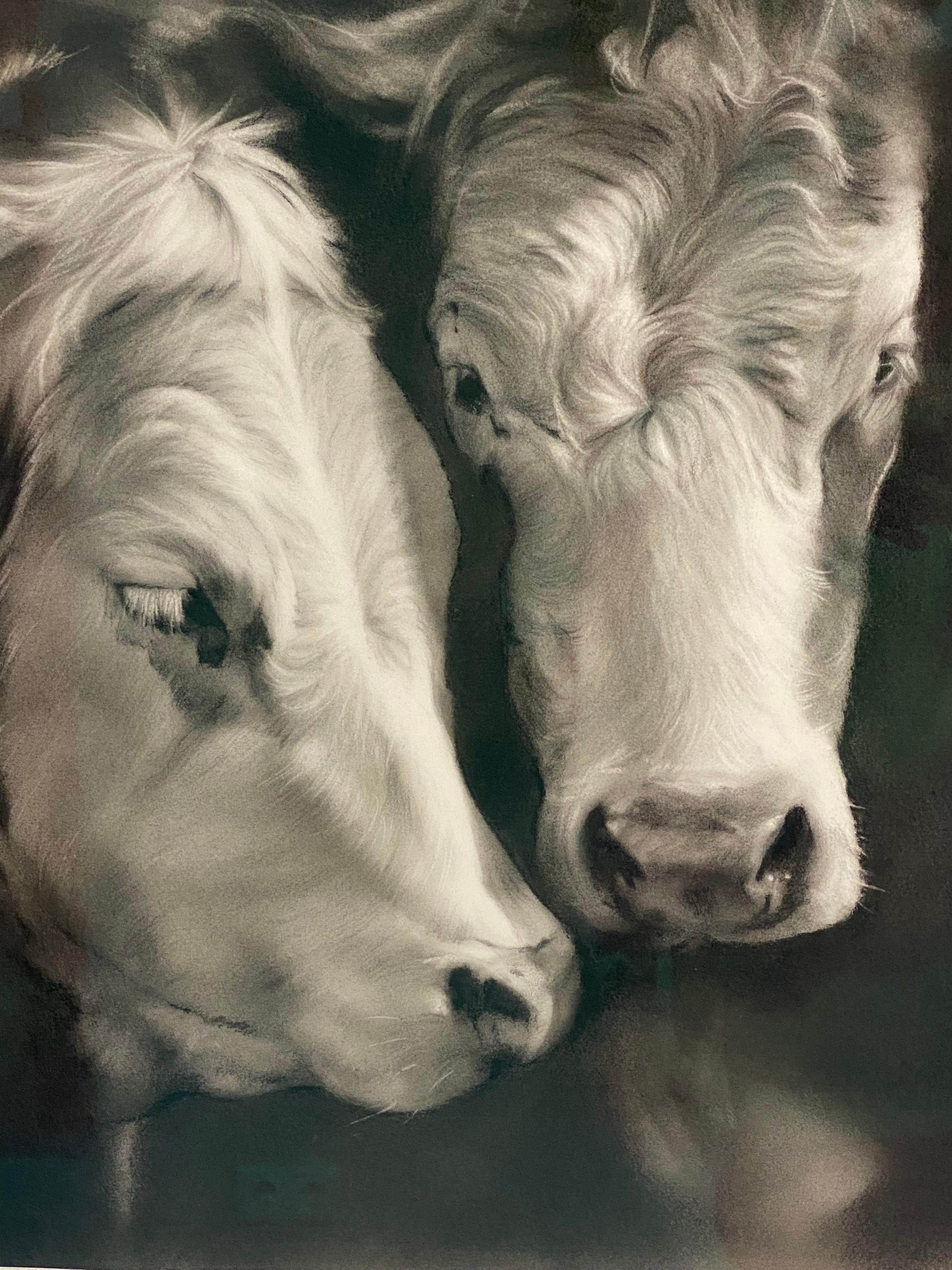 Compagnons - Dessin au fusain contemporain du 21e siècle représentant deux vaches - Contemporain Art par Rosanna Gaddoni