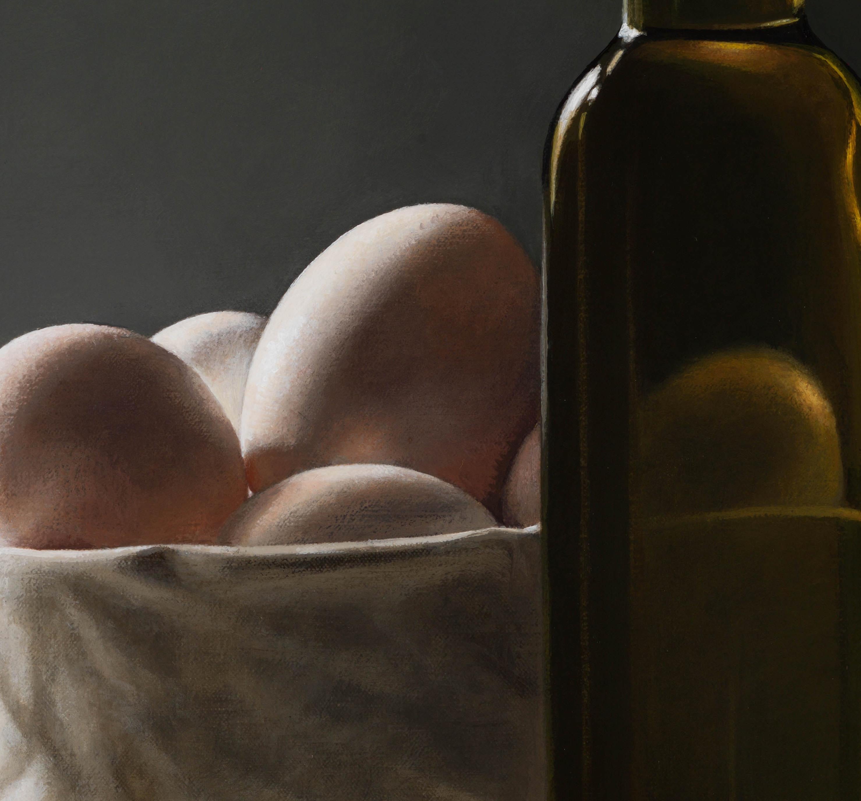 Eggs, Olive Oil- 21 st Century Contemporary Realistic Still- life Painting - Black Figurative Painting by Heidi von Faber