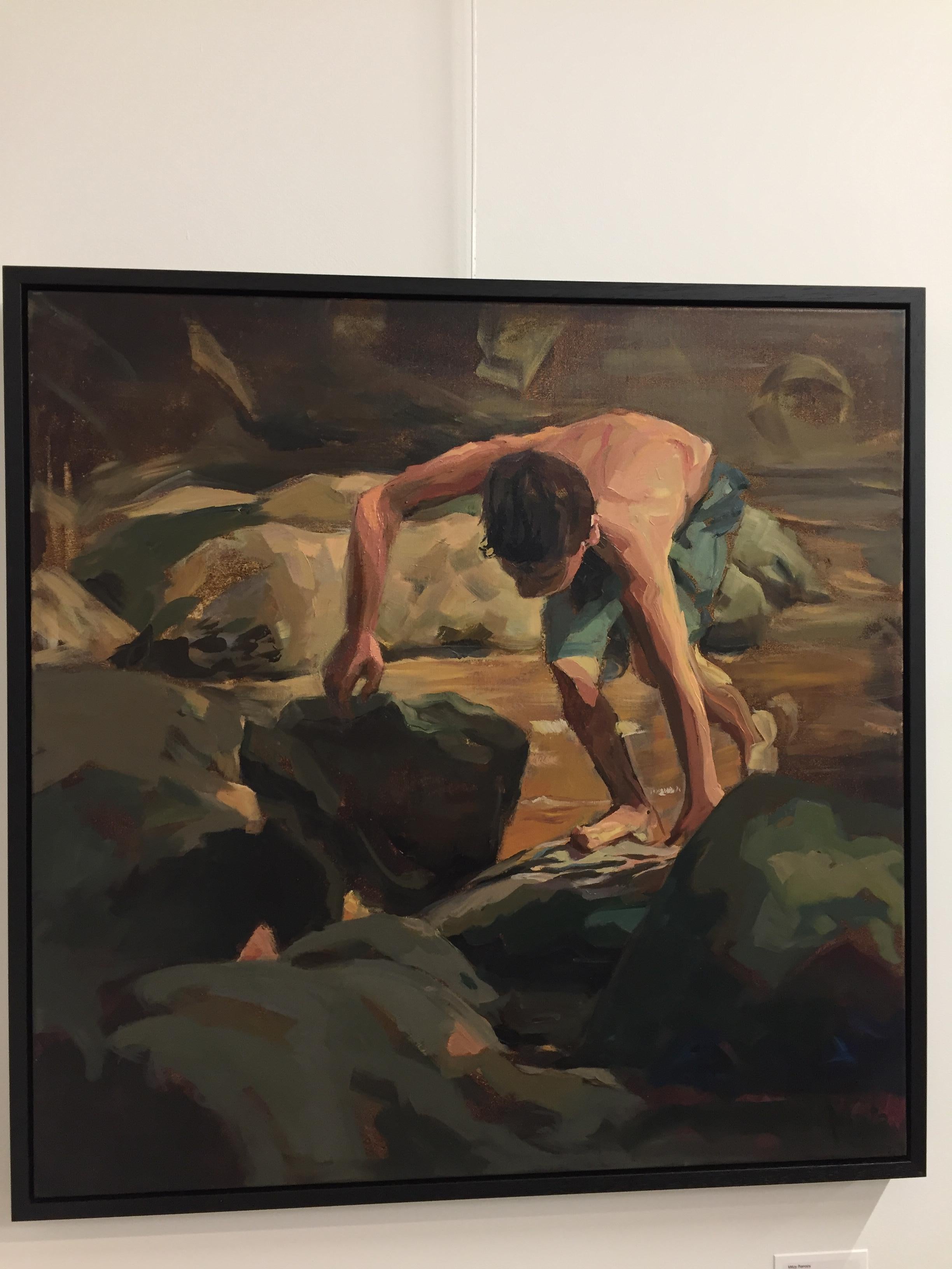 Mitzy Renooy made this painting in the summer of 2018. She is always looking for light and composition to show. This time a young boy playing in the water, on the rocks.  The artist likes to give an impression of movement. Mitzy Renooy finds her