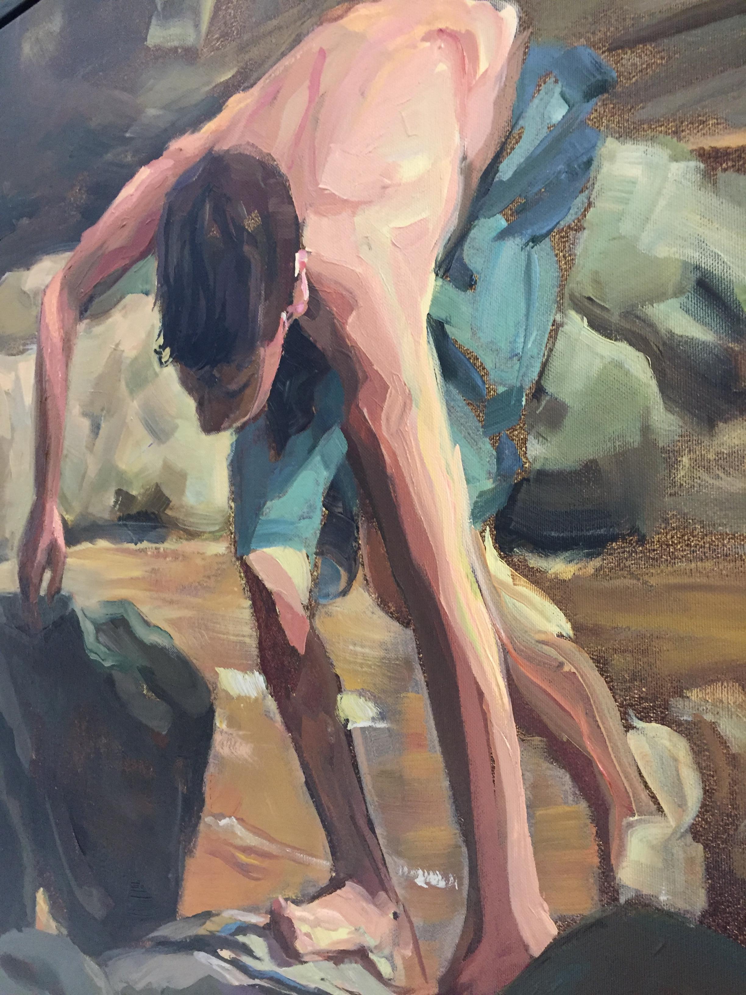 Boy climbing on rocks- 21st Century Contemporary Painting by Dutch Mitzy Renooy 2