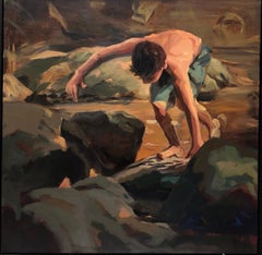 Boy climbing on rocks- 21st Century Contemporary Painting by Dutch Mitzy Renooy