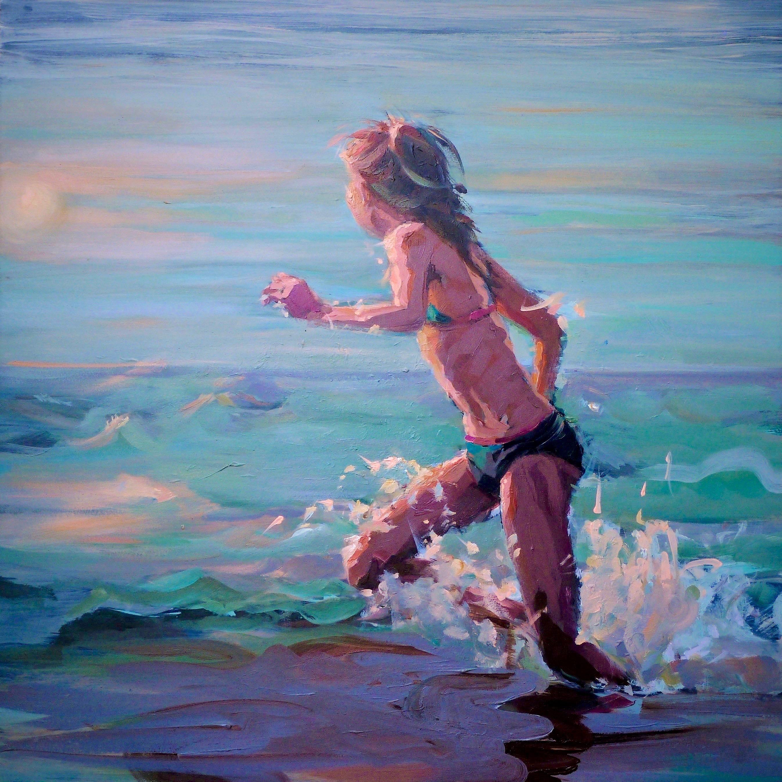 Mitzy Renooy made this painting in the summer of 2018. A girl running, playing in the water. 

This painting makes an impression due to the simplicity of the brushstrokes and the narrative that is told by artist Mitzy Renooy. Mitzy Renooy finds her