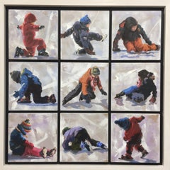 Tumbling- 21st Century contemporary painting of kids playing on snow and ice.