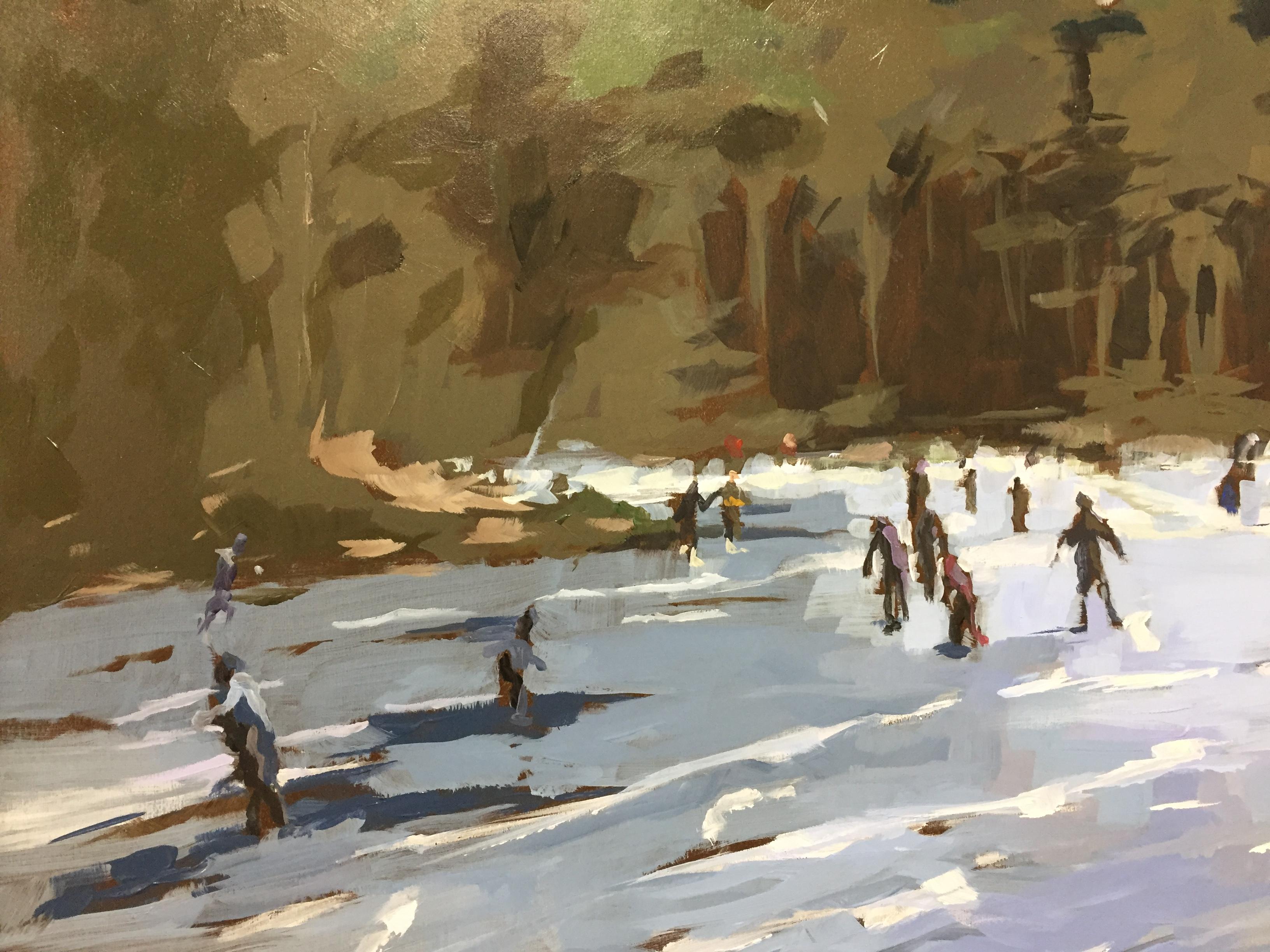 The artist Mitzy Renooy in this painting shows skating people in a landscape with ice and small traces of snow, trees, heather and leaves. The focus is on the skating children in this painting, they really seem to move.

This painting makes an