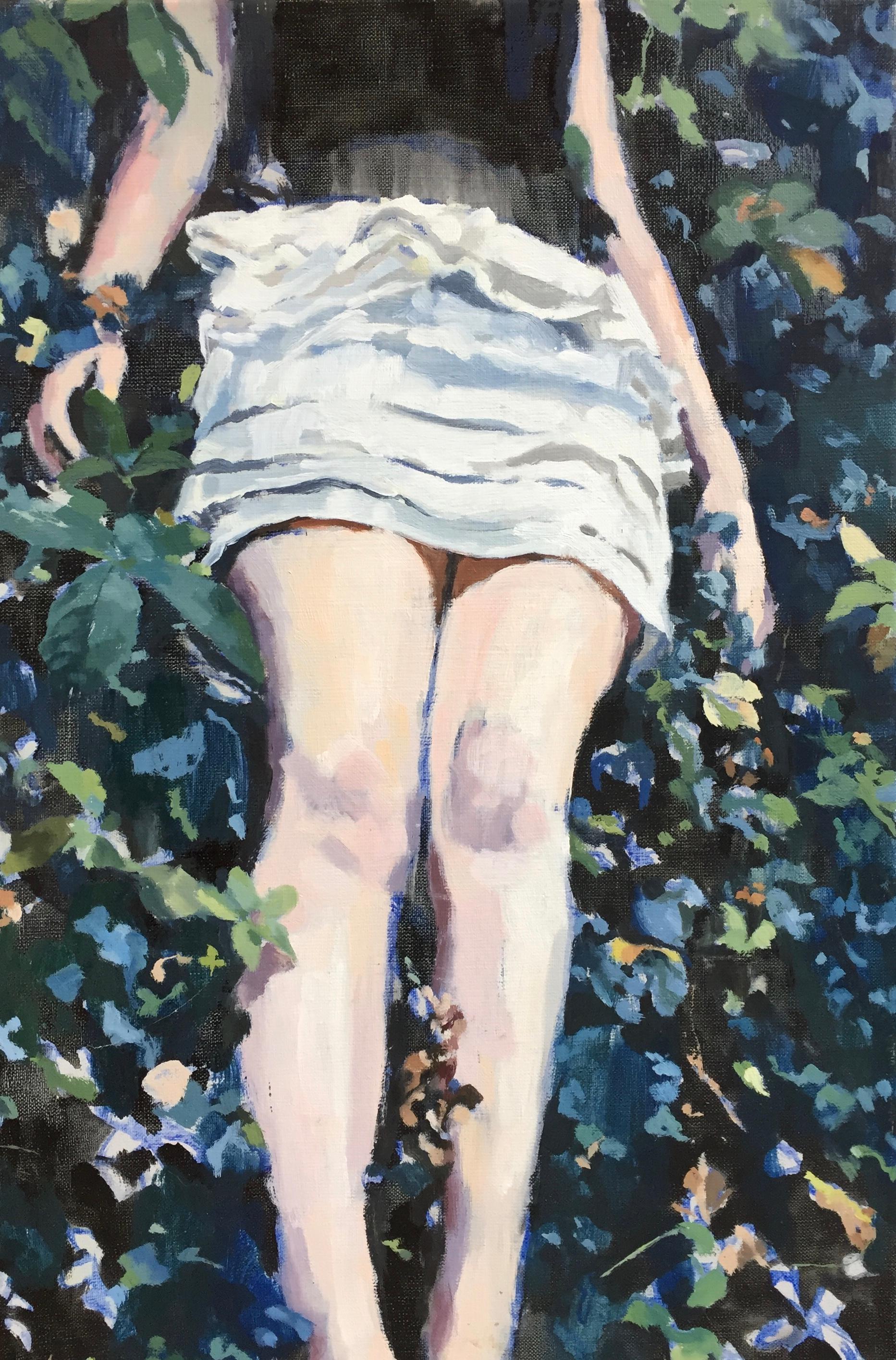 Joven tumbada en la hierba-Siglo XXI Pintura Tríptica Contemporánea de Figura - Figurative Painting Gris de Eric Schutte