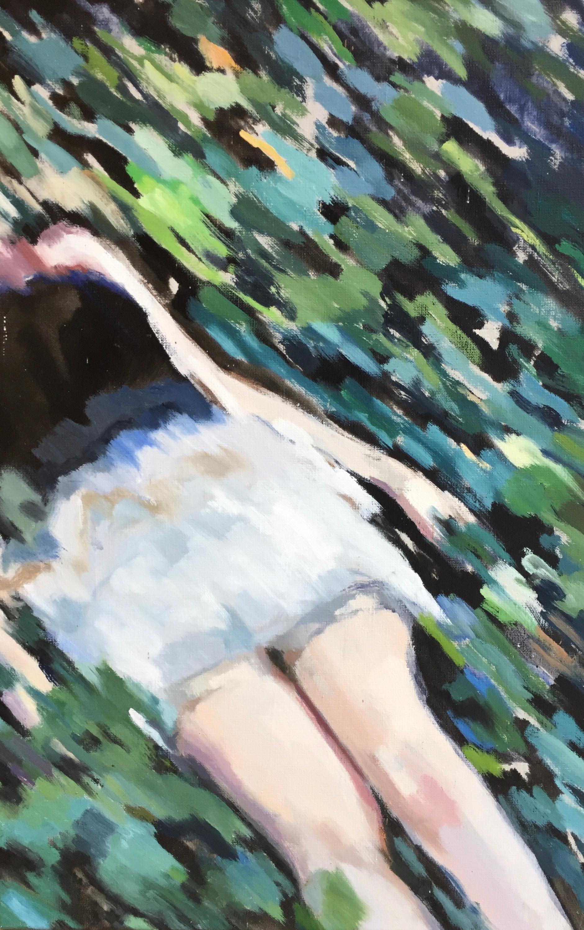 Young girl lying in the grass-21st Century Contemporary Triptych Figure Painting - Gray Figurative Painting by Eric Schutte